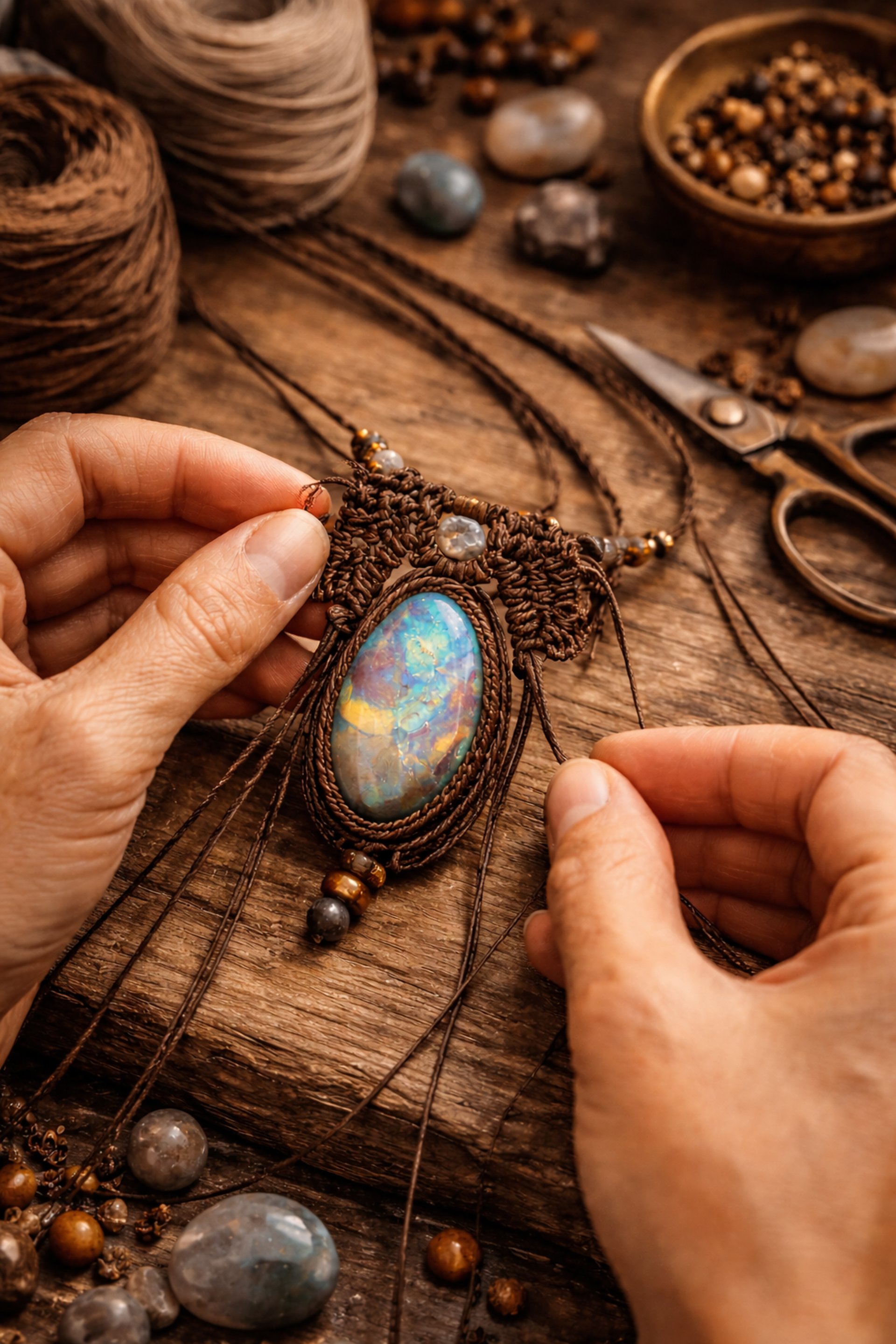 Collar de macramé en color cafe con piedra ópalo montada