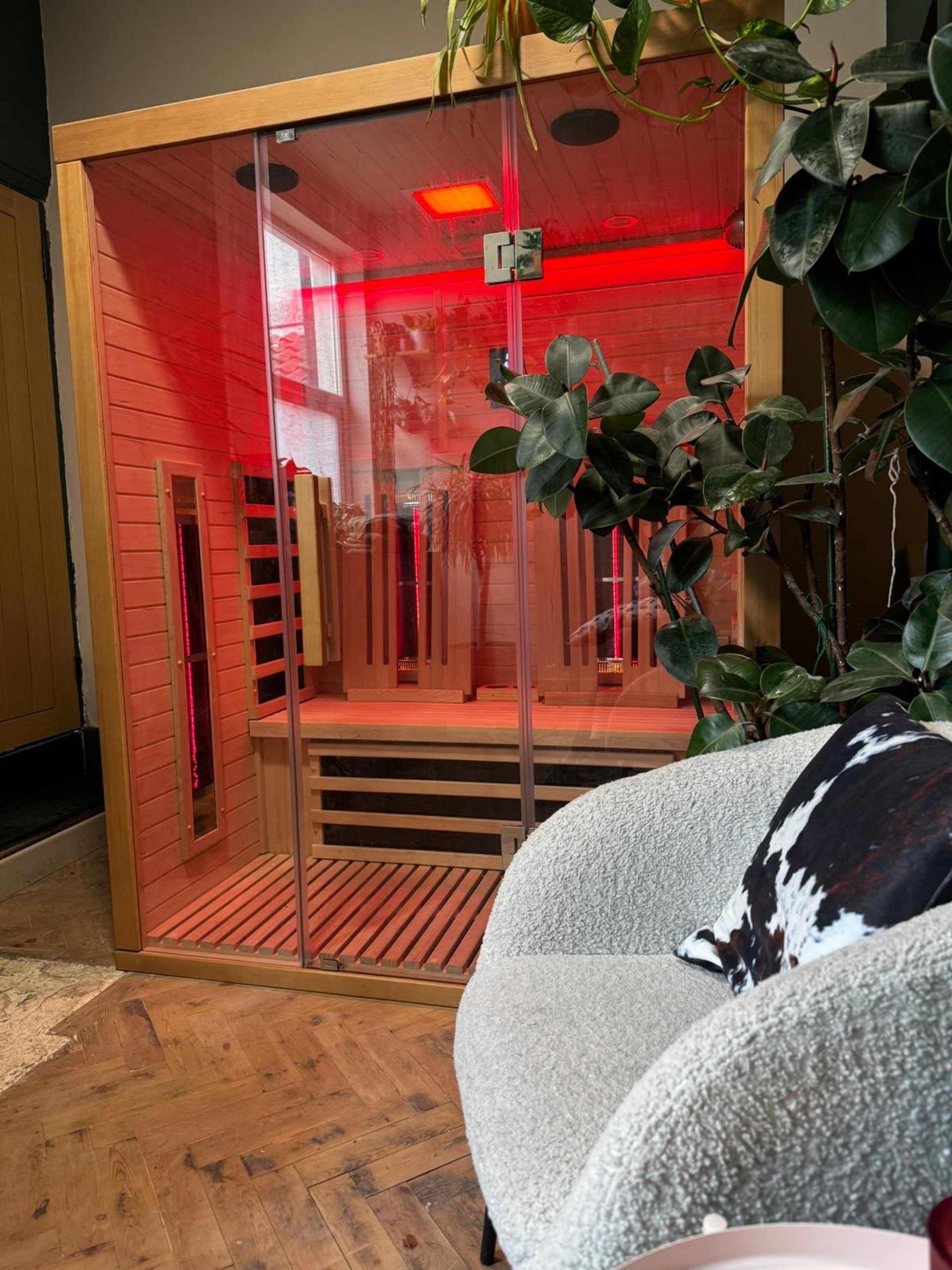 Woman in swimsuit enjoying a sauna