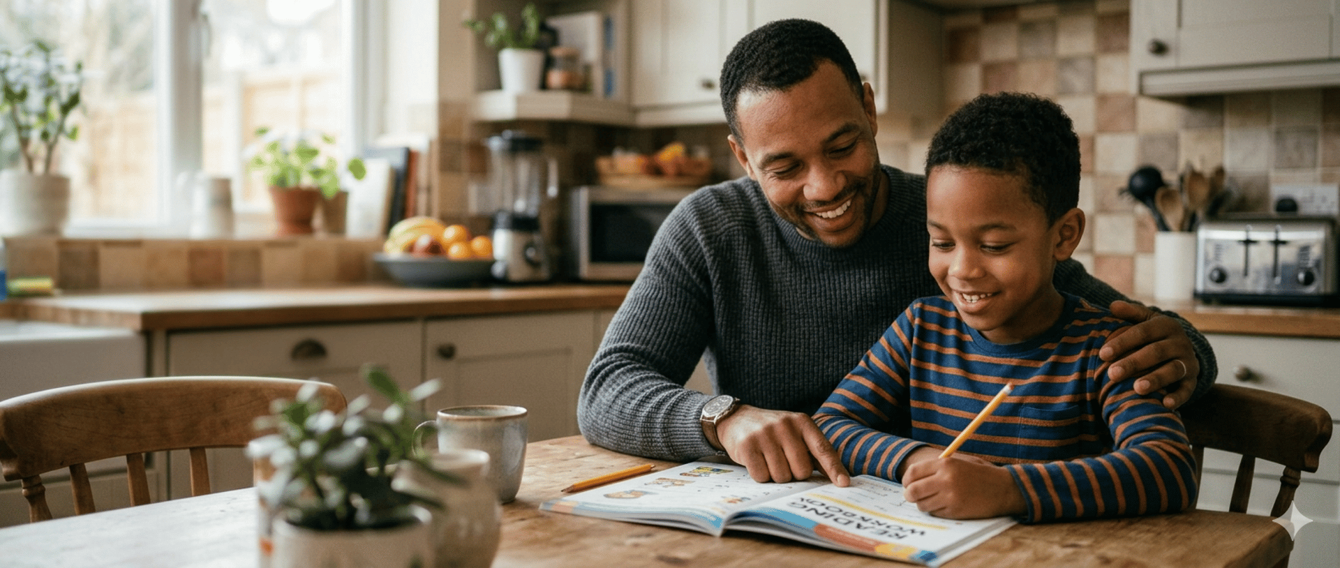 Black father and son working on reading comprehension strategies together
