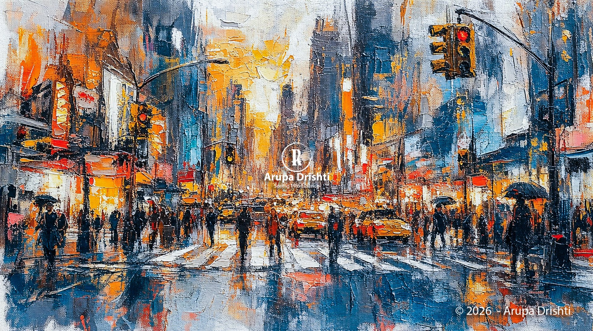 Urban street scene with umbrellas, taxis, skyscrapers, and glowing lights painted in bold, textured strokes.