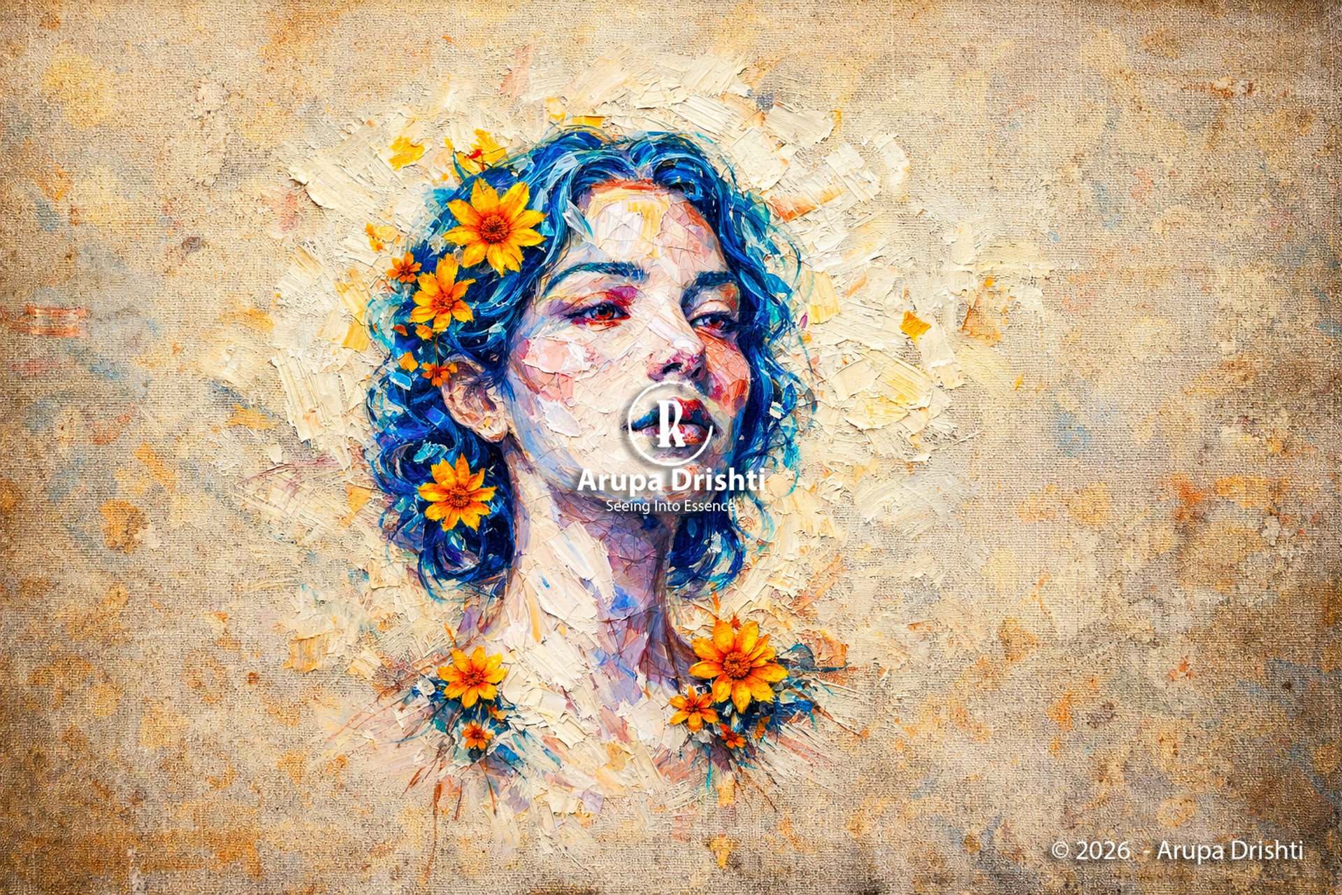 Textured portrait with vivid blue hair and bright flowers, glowing warm background and expressive impasto brushwork.