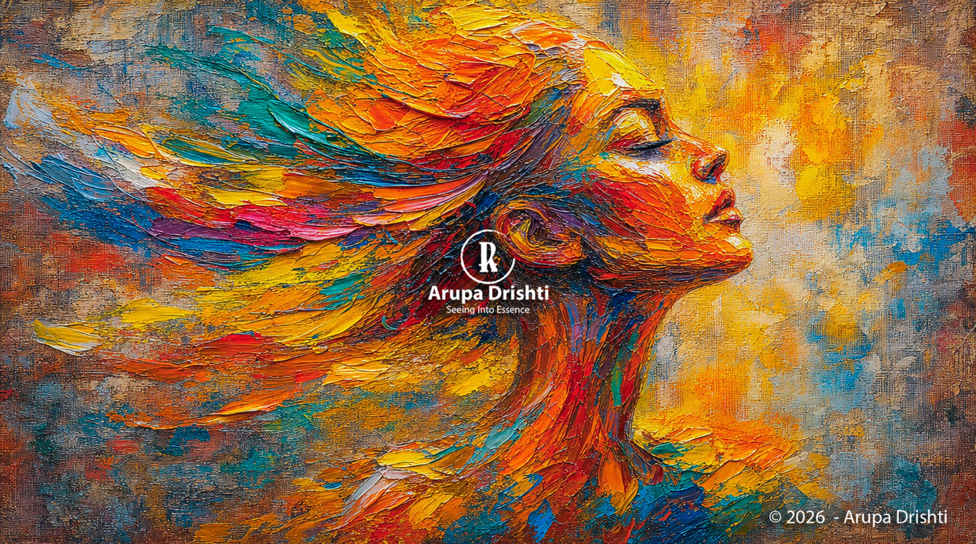 Vibrant abstract portrait with flowing brushstrokes, warm and cool colors blending to show motion and emotional intensity.
