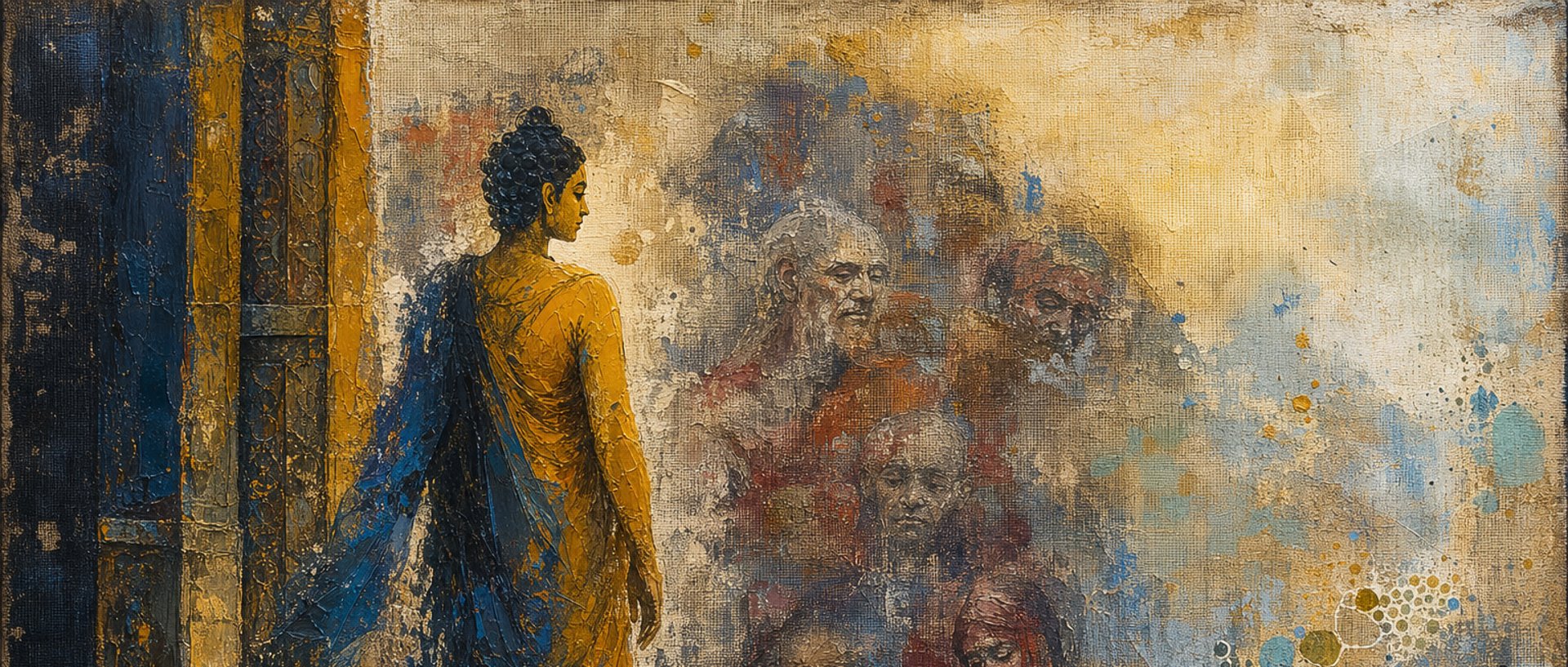 Thick oil painting of Buddha stepping from illusion, brushstrokes dissolving into canvas like a quiet rise of formless truth.