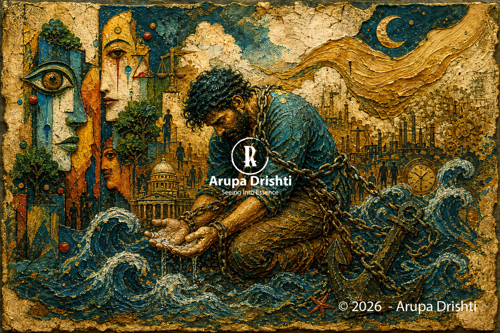 Bound in waves yet seeking truth, a soul confronts illusion to reveal essence through Arupa Drishti’s deeper inner seeing.