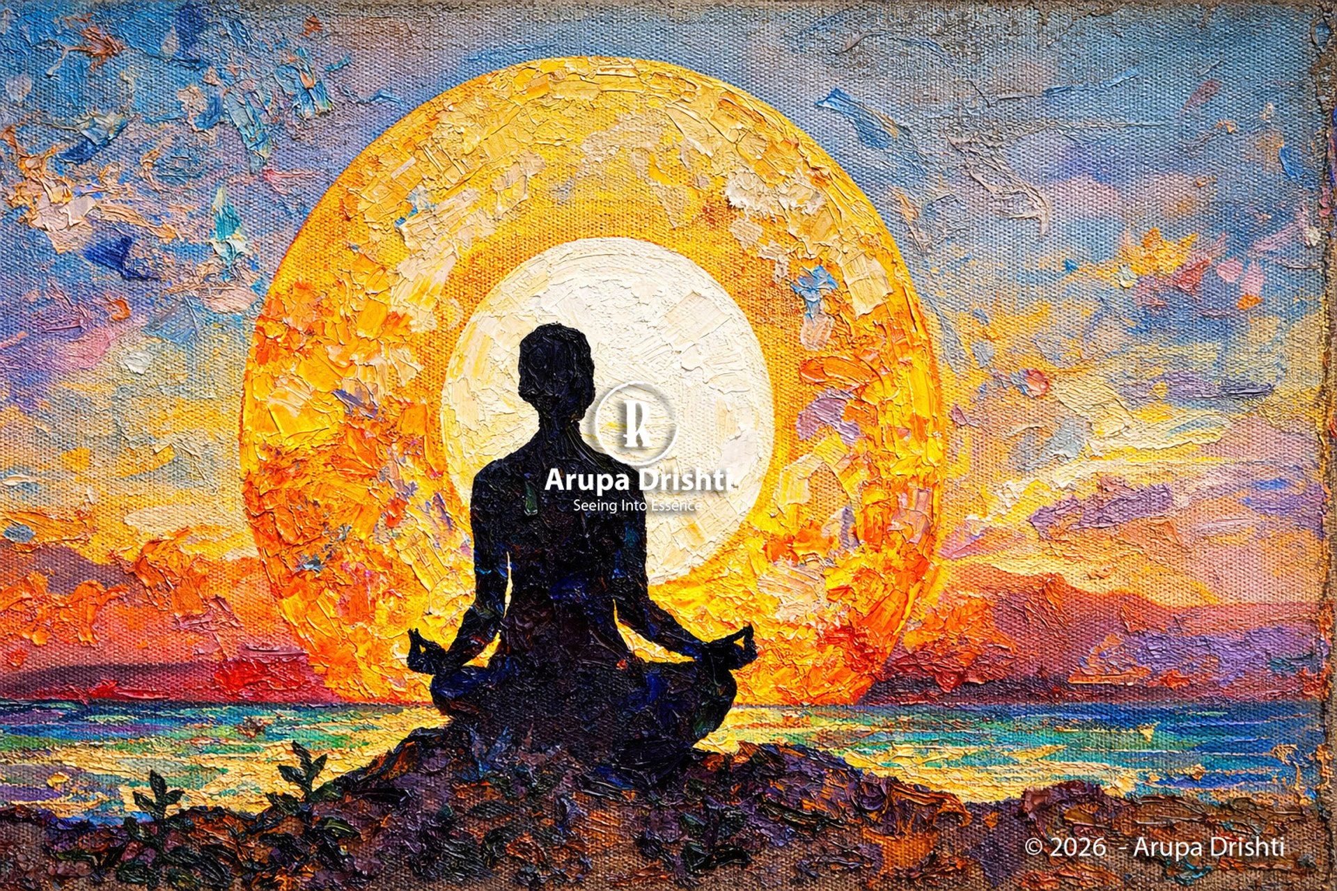 Meditative figure before a glowing sun with vibrant sky colors and textured brushwork symbolizing peace and awakening.