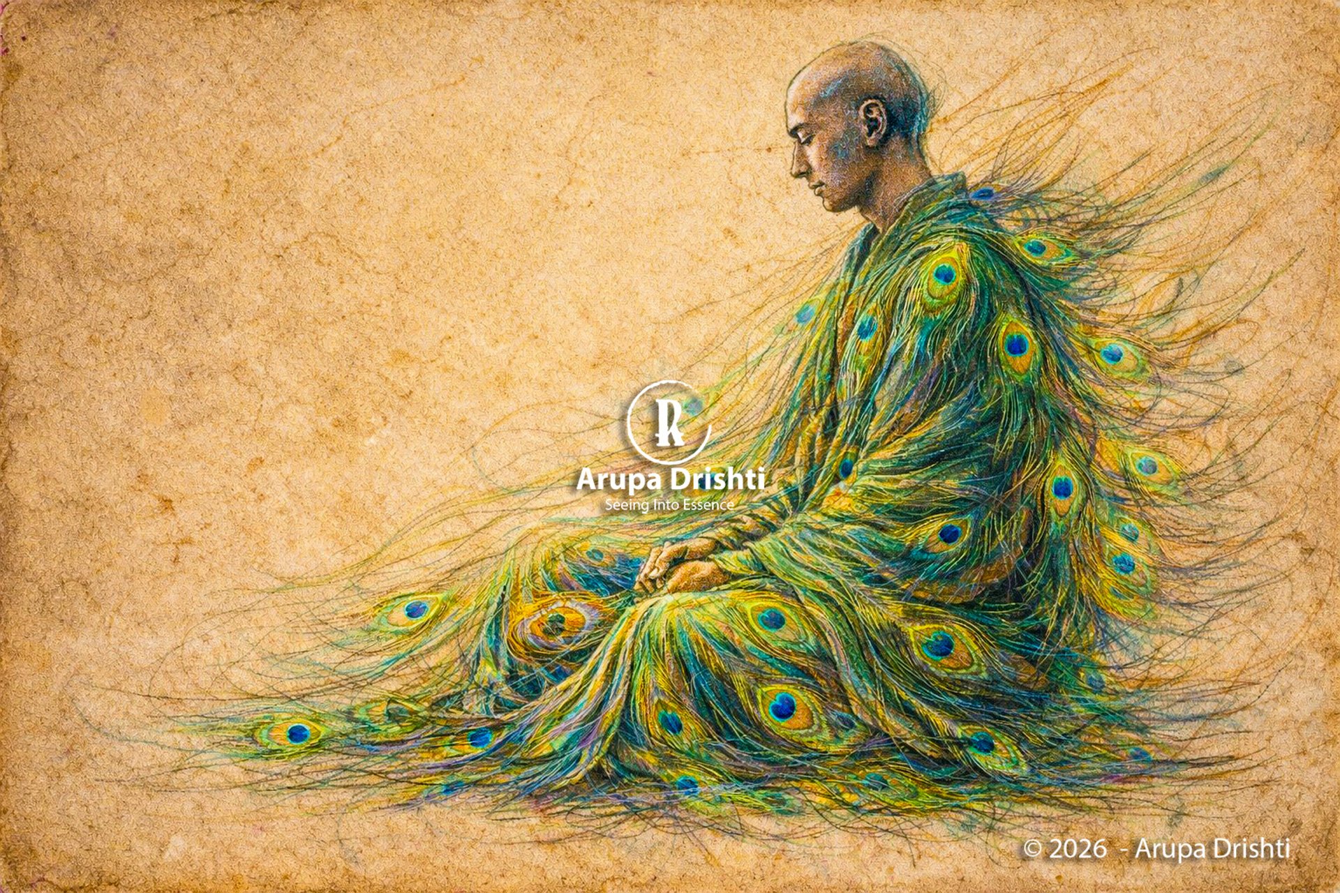 Meditative figure in peacock‑feather robe, vibrant colors and textured background expressing serenity and spiritual depth.