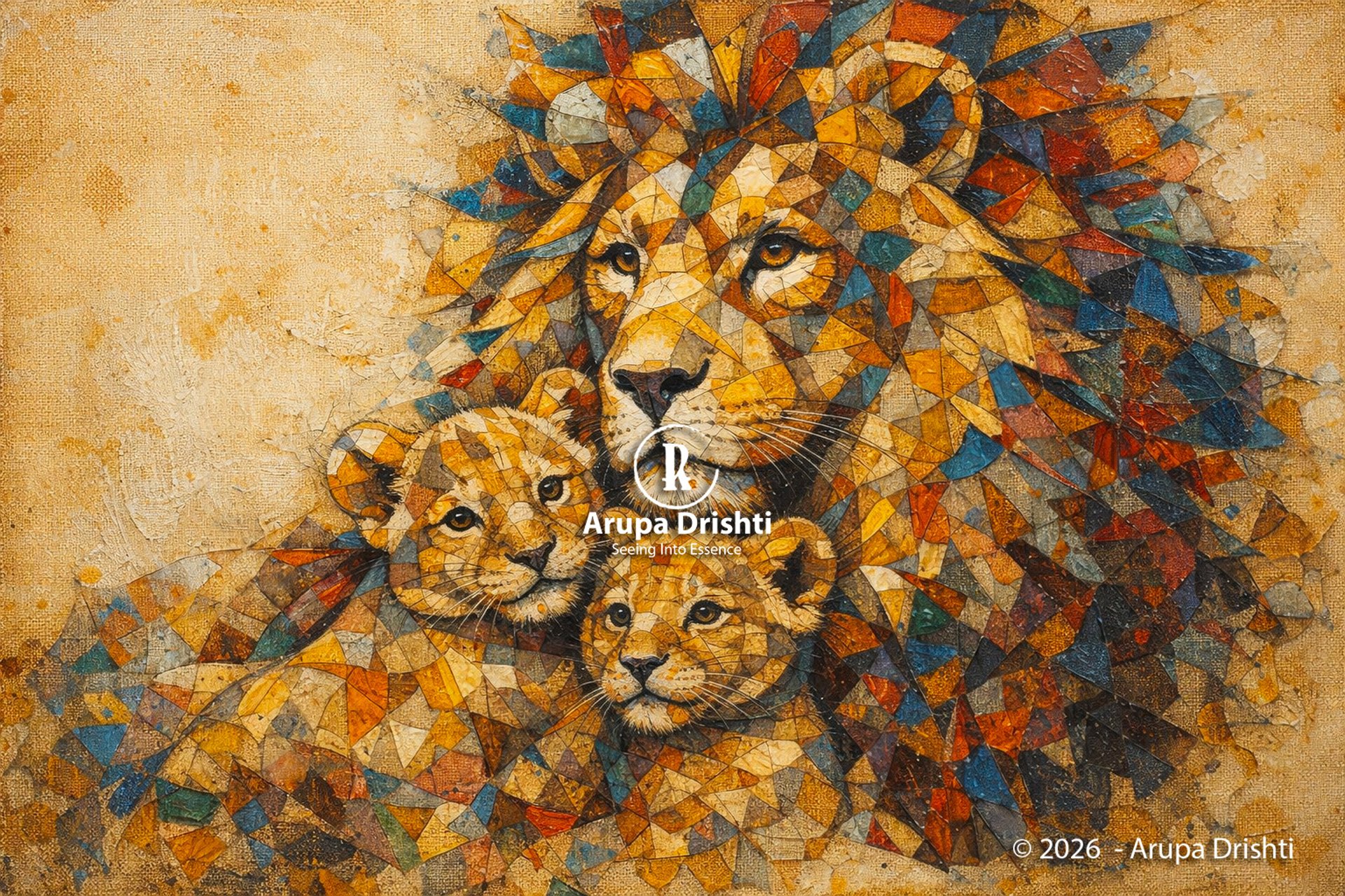 Geometric lion with two cubs in warm and cool mosaic tones, blending abstract shapes with protective, majestic expression.
