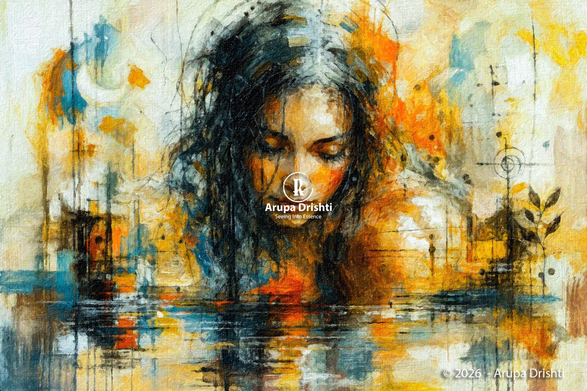 Modern abstract art showing a downward‑looking figure blended with vivid colors and fluid water reflections.