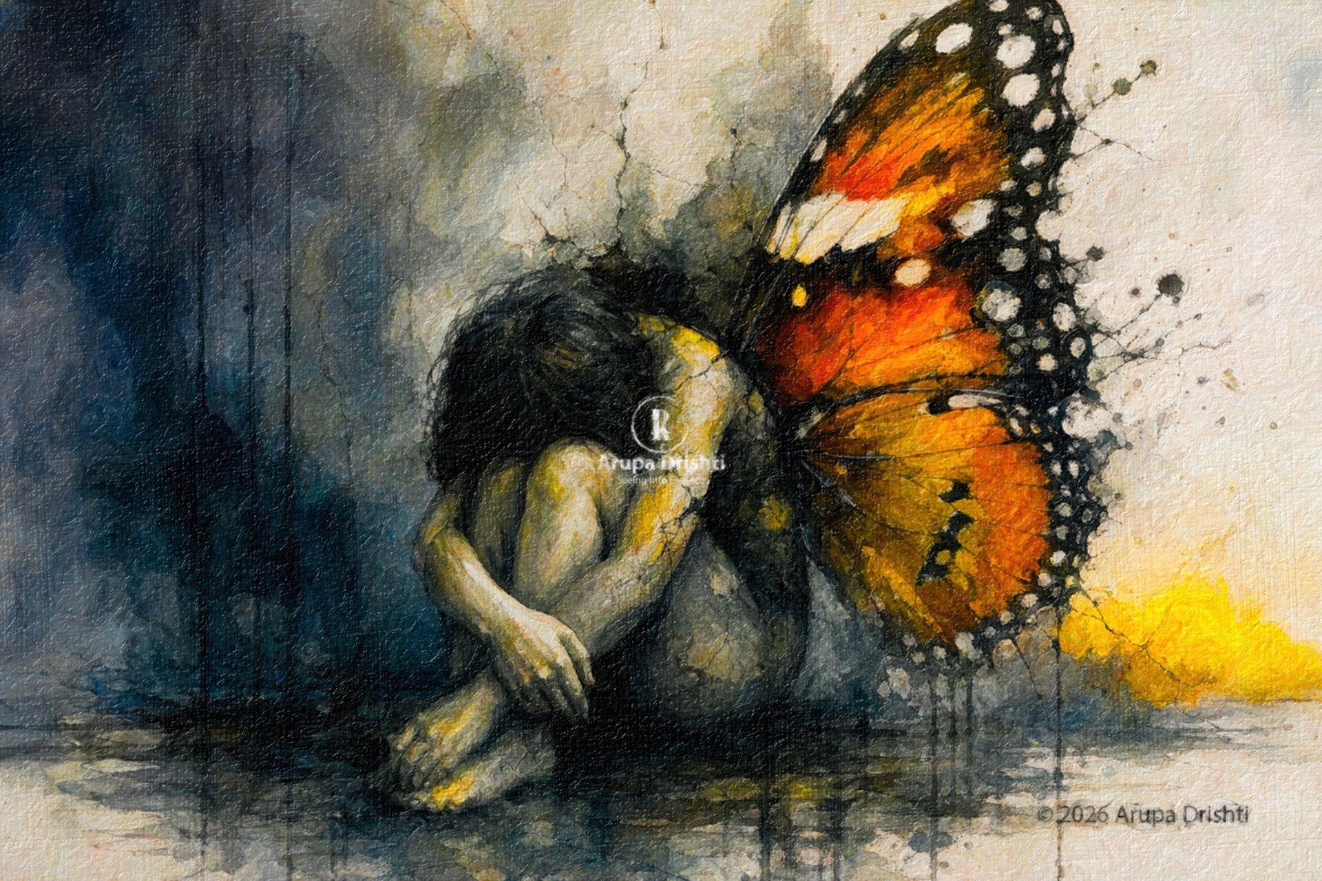 Seated figure with butterfly wings, symbolizing inner transformation and the formless awareness beneath experience.