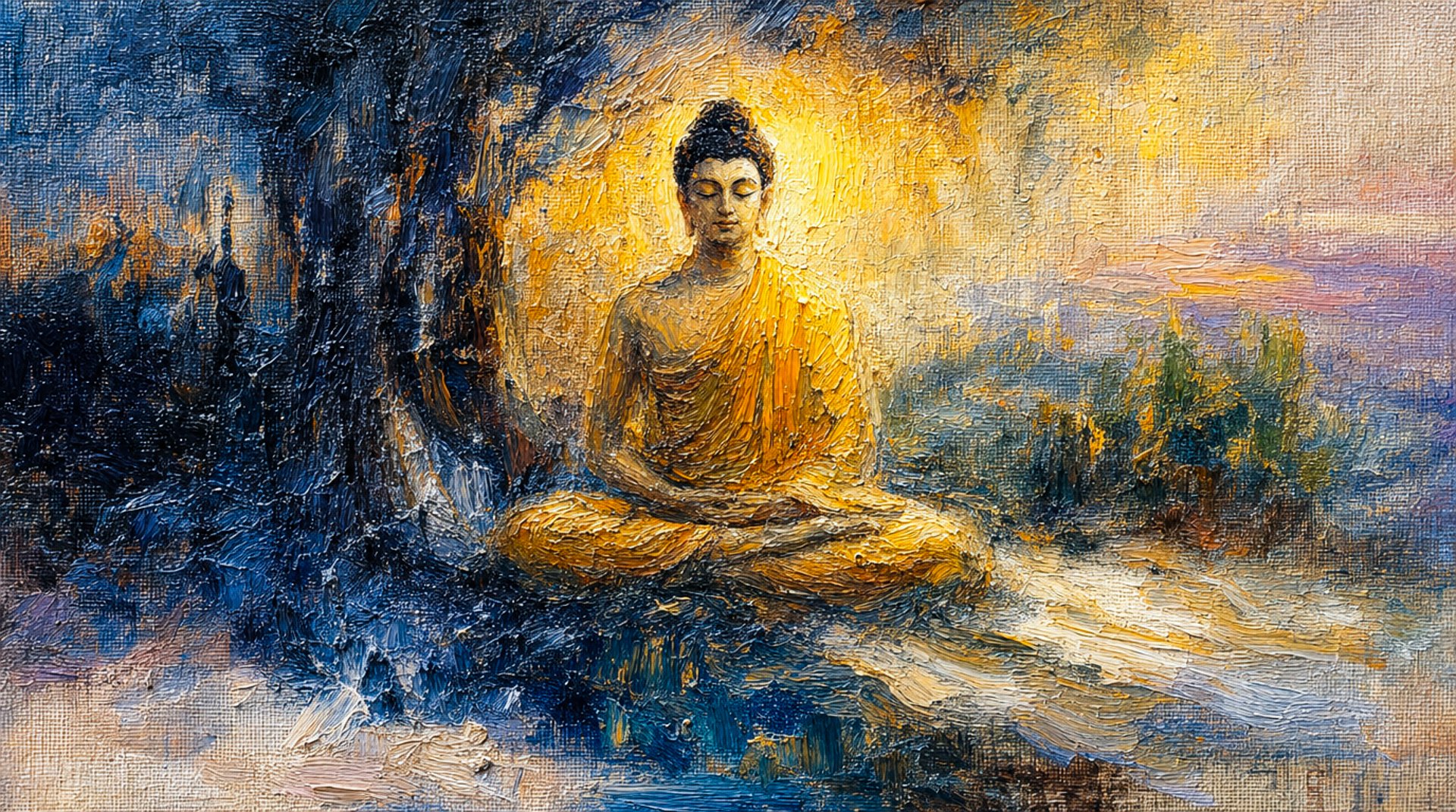 Radiant Buddha in golden robe meditating under a tree, glowing halo, textured oil strokes, serene spiritual awakening.