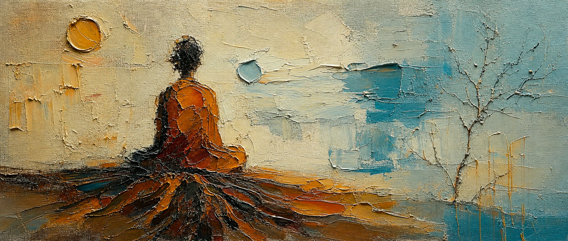 Meditating figure in textured oil paint with earthy tones and soft blue backdrop, evoking calm and spiritual depth
