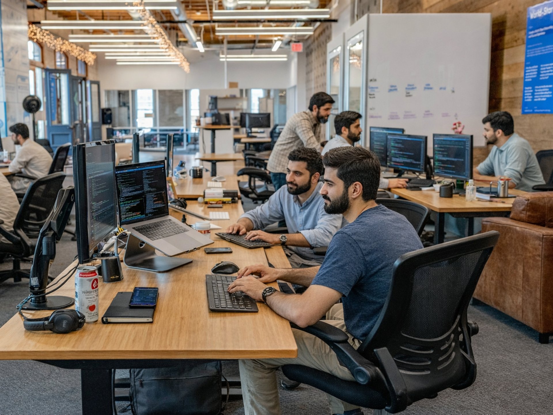 three men sitting on chair beside tables