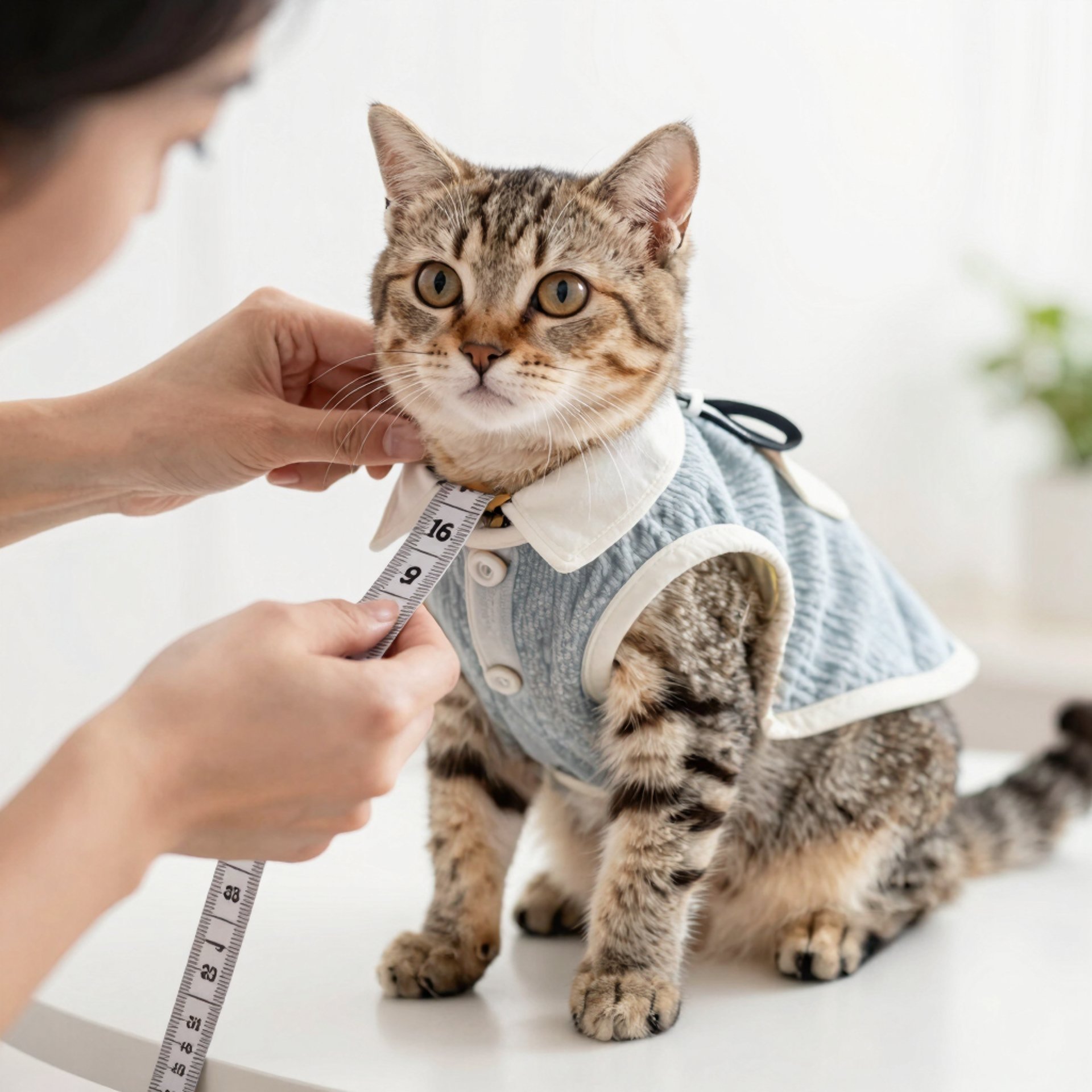 foto de una persona tomando medidas a un gatito para hacerle ropa personalizada