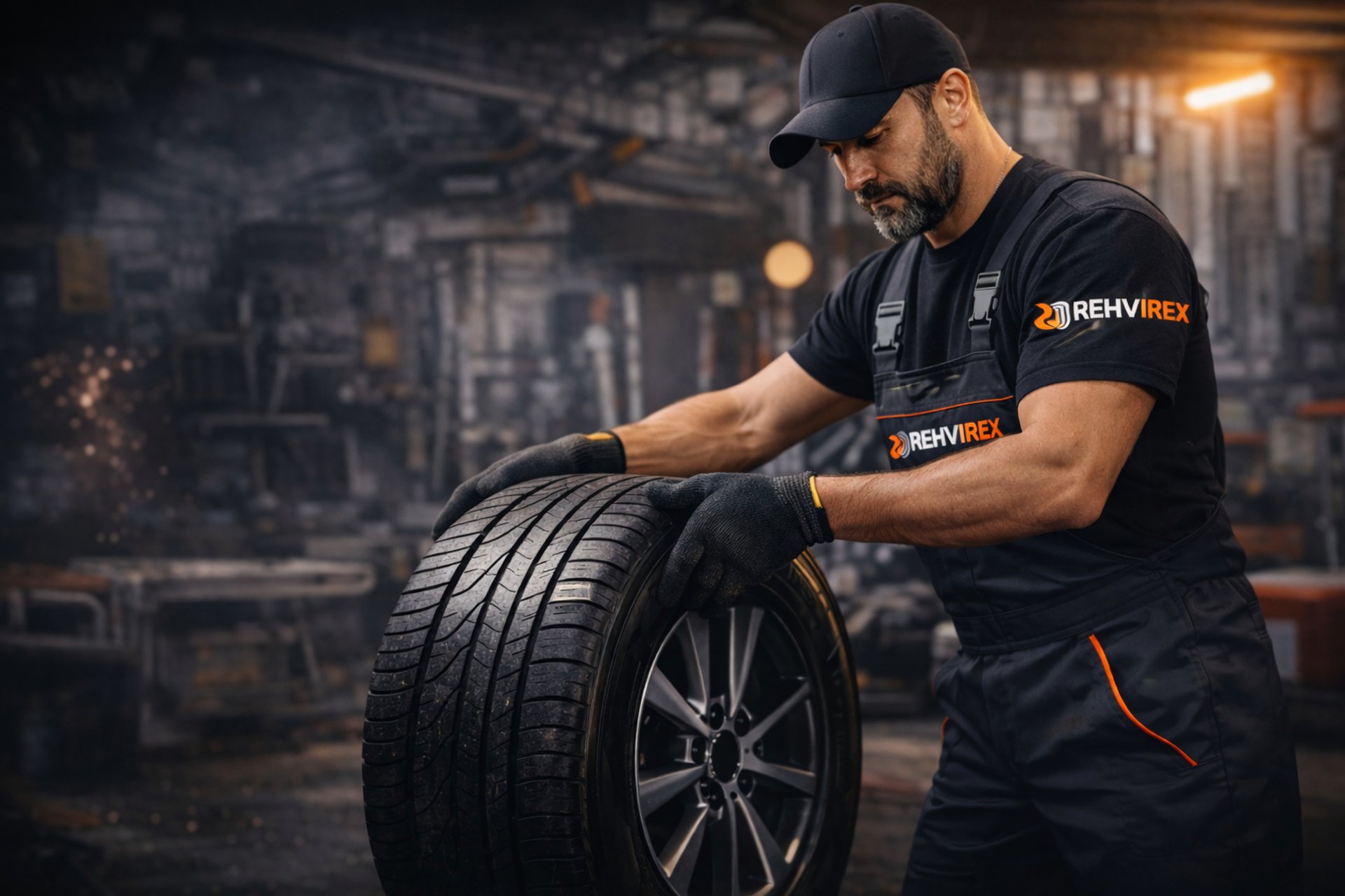 a man working on a tire in a garage