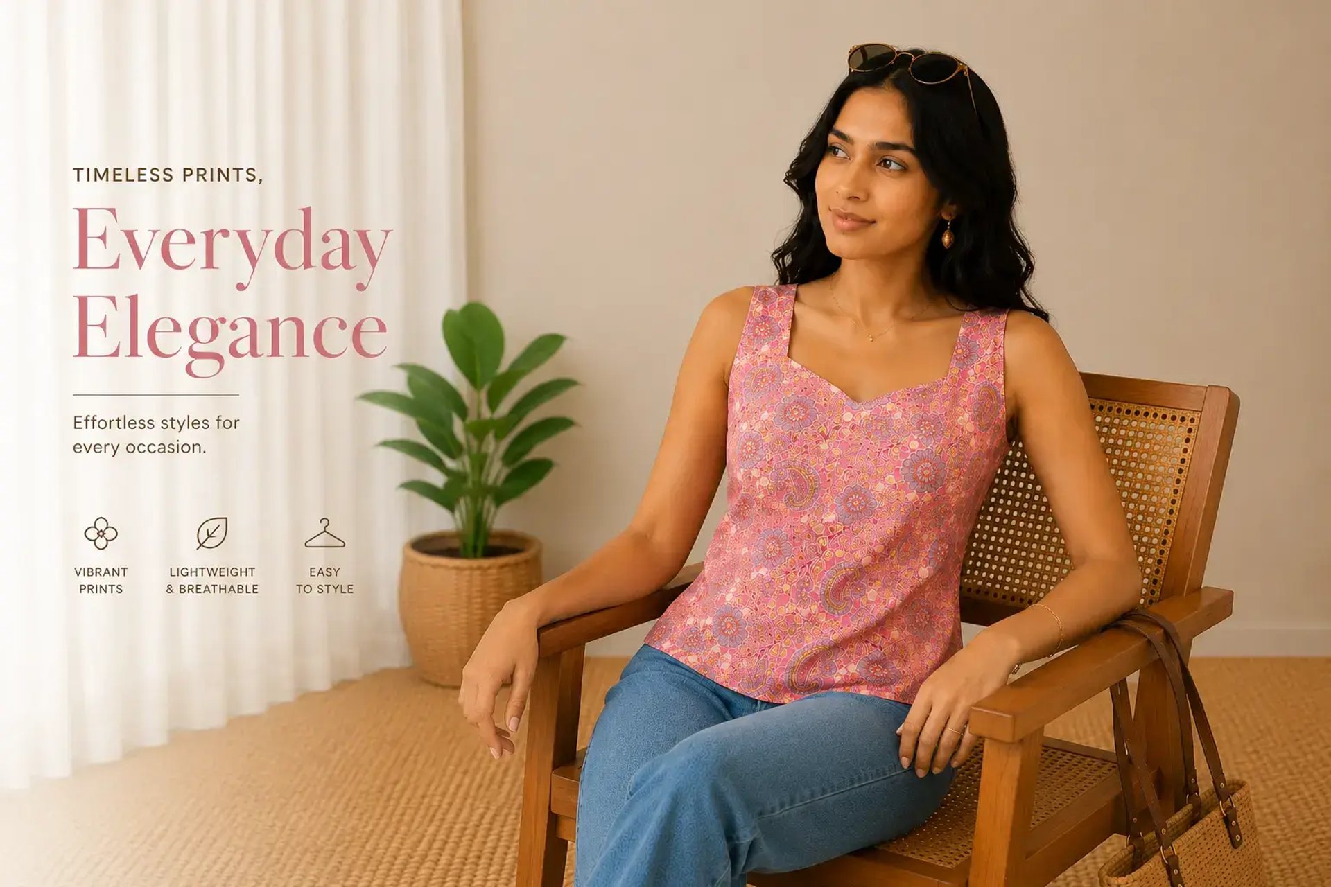 women wearing a pink paisley top sitting on a chair