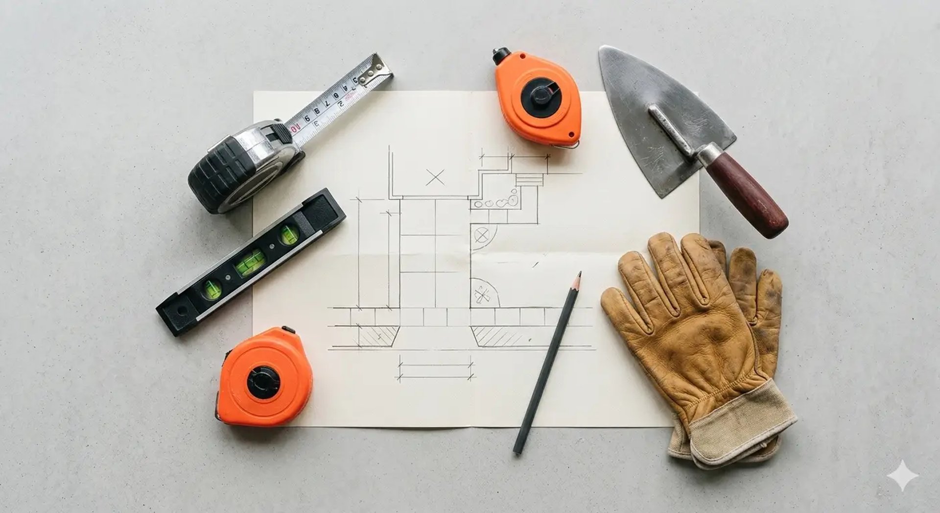 Flat lay of tools and blueprint plan for concrete work