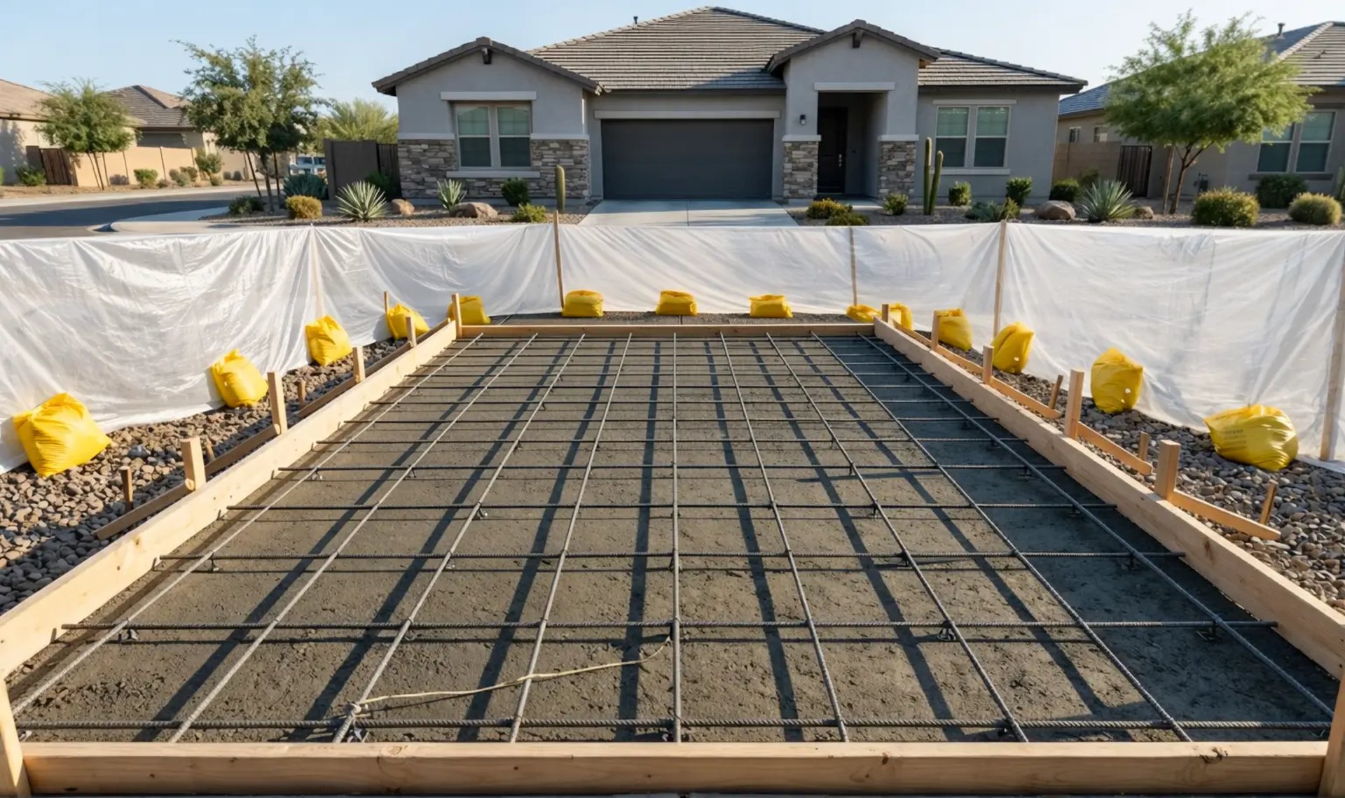 concrete job mid-prep: wooden forms perfectly aligned, rebar grid neatly tied, base compacted in Queen Creek, AZ