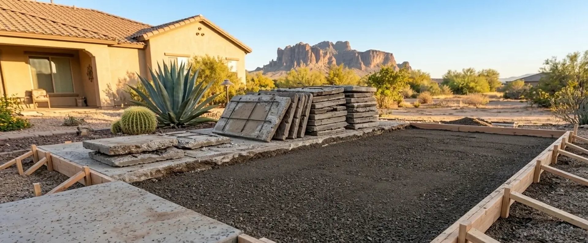 A clean construction site showing the preparation for a concrete replacement