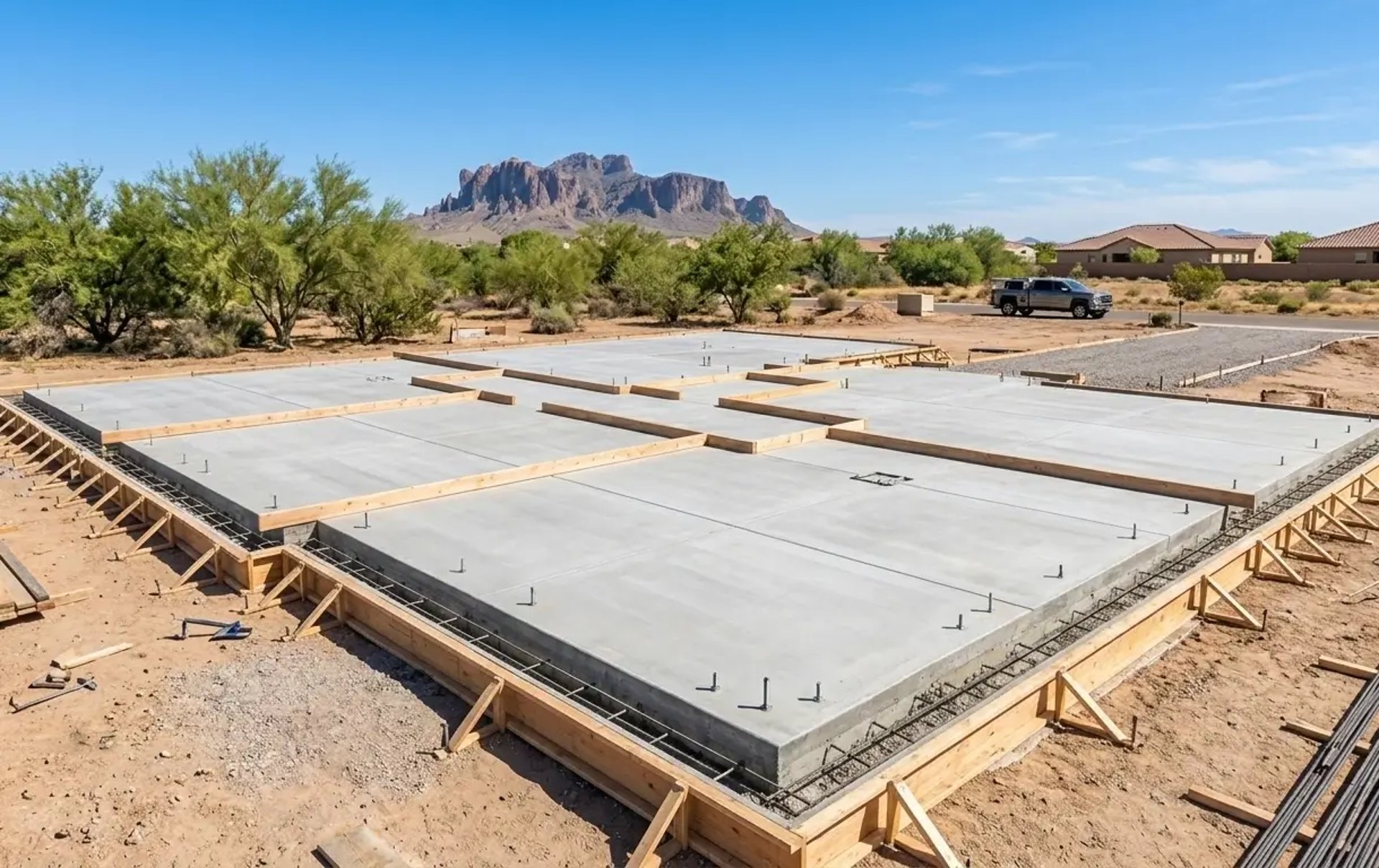 monolithic slab foundation with thickened edges visible, clean forms and layout, desert lot in Queen Creek