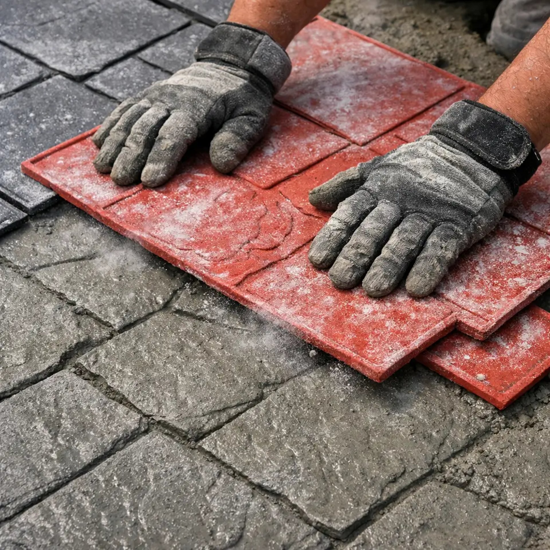 close-up of stamping mats being pressed into fresh concrete