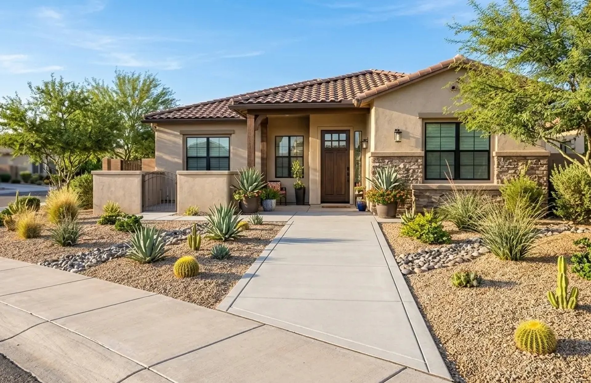 straight concrete walkway leading to a front door of a Queen Creek home, broom finish