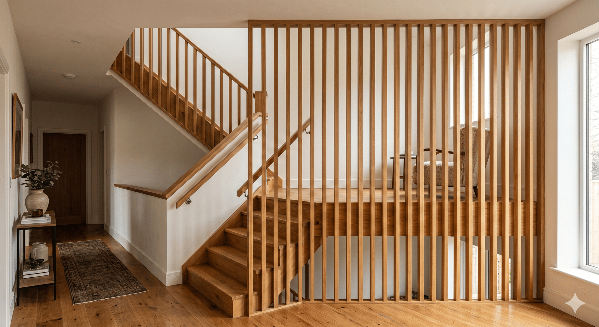 A wooden staircase with black railings in a house