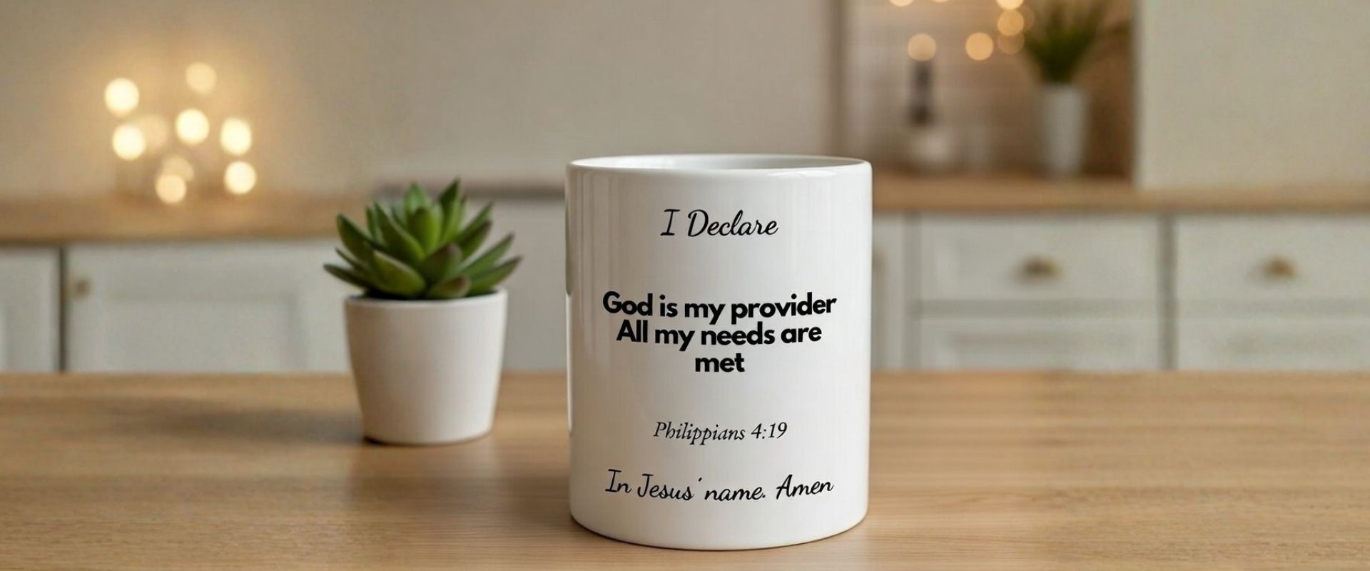 White ceramic faith mug with “God is my provider” declaration, quiet time Christian gift