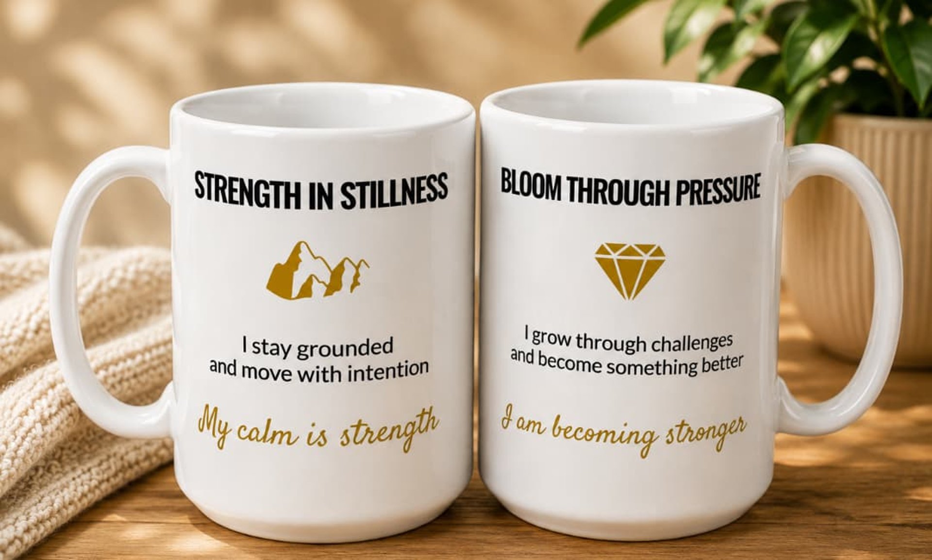 Two white motivational mugs featuring “Strength in Stillness” and “Bloom Through Pressure” with gold accents.
