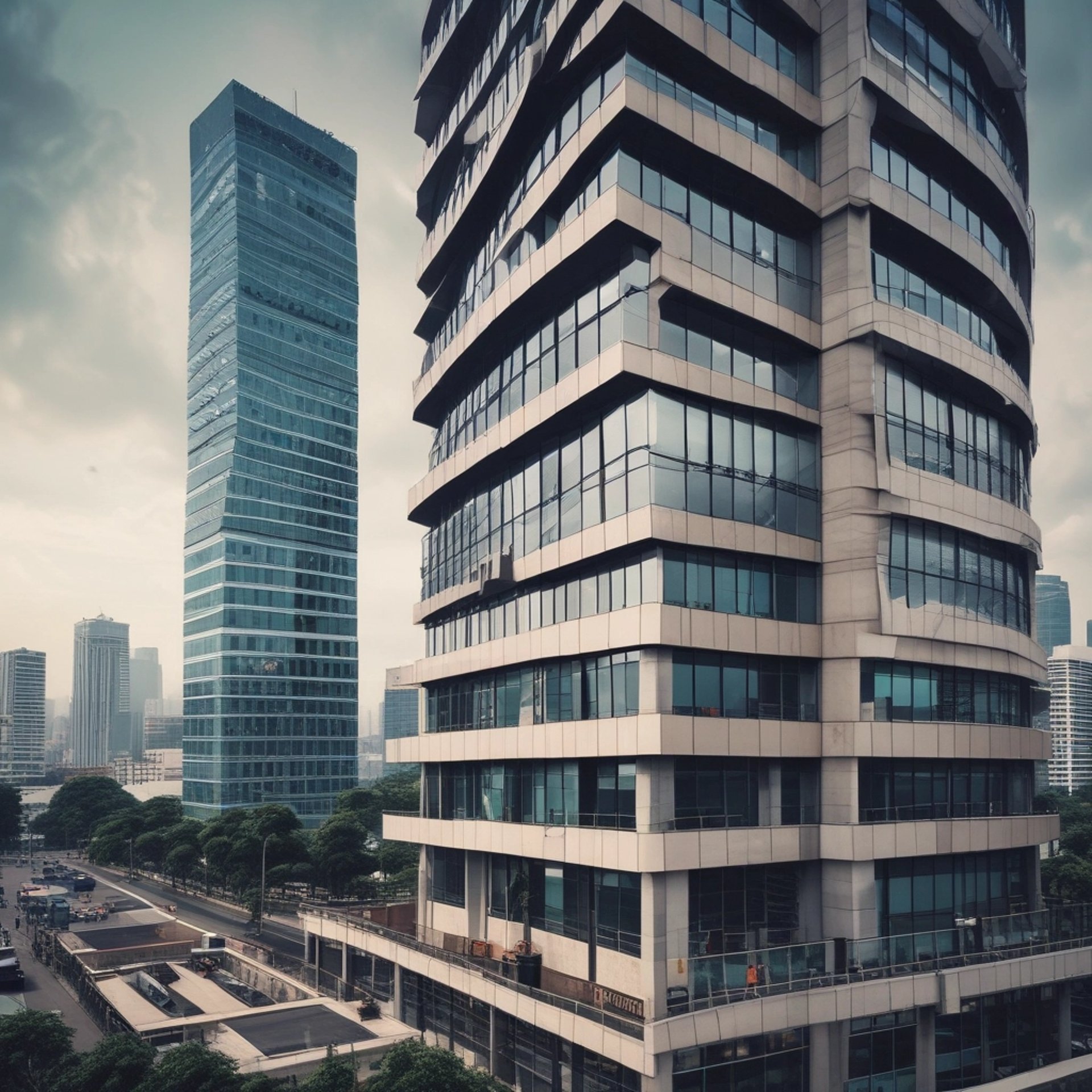 an abstract photo of a curved building with a blue sky in the background