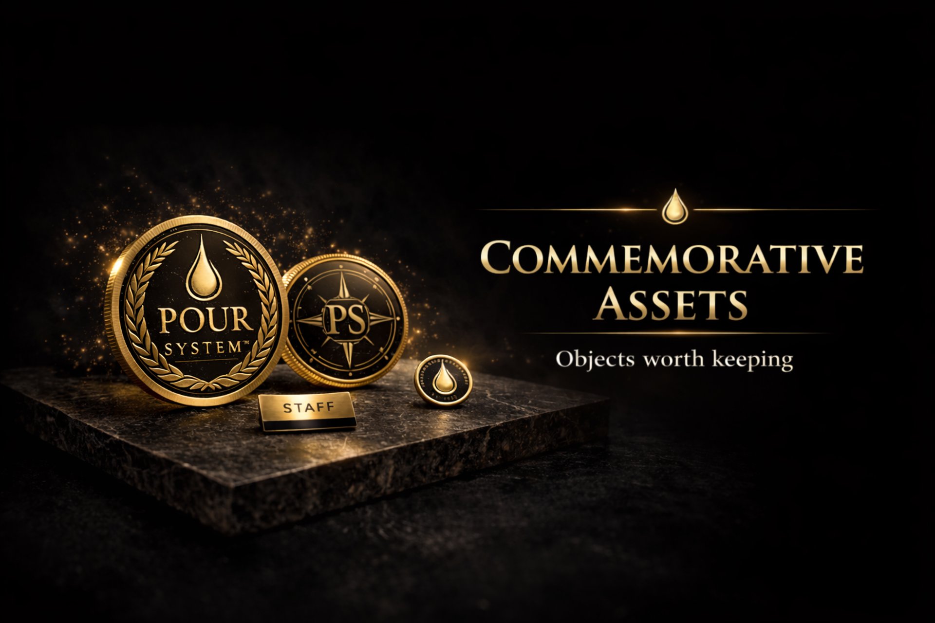 Commemorative assets visual showing coins, pins and merchandise used for legacy and tribute branding