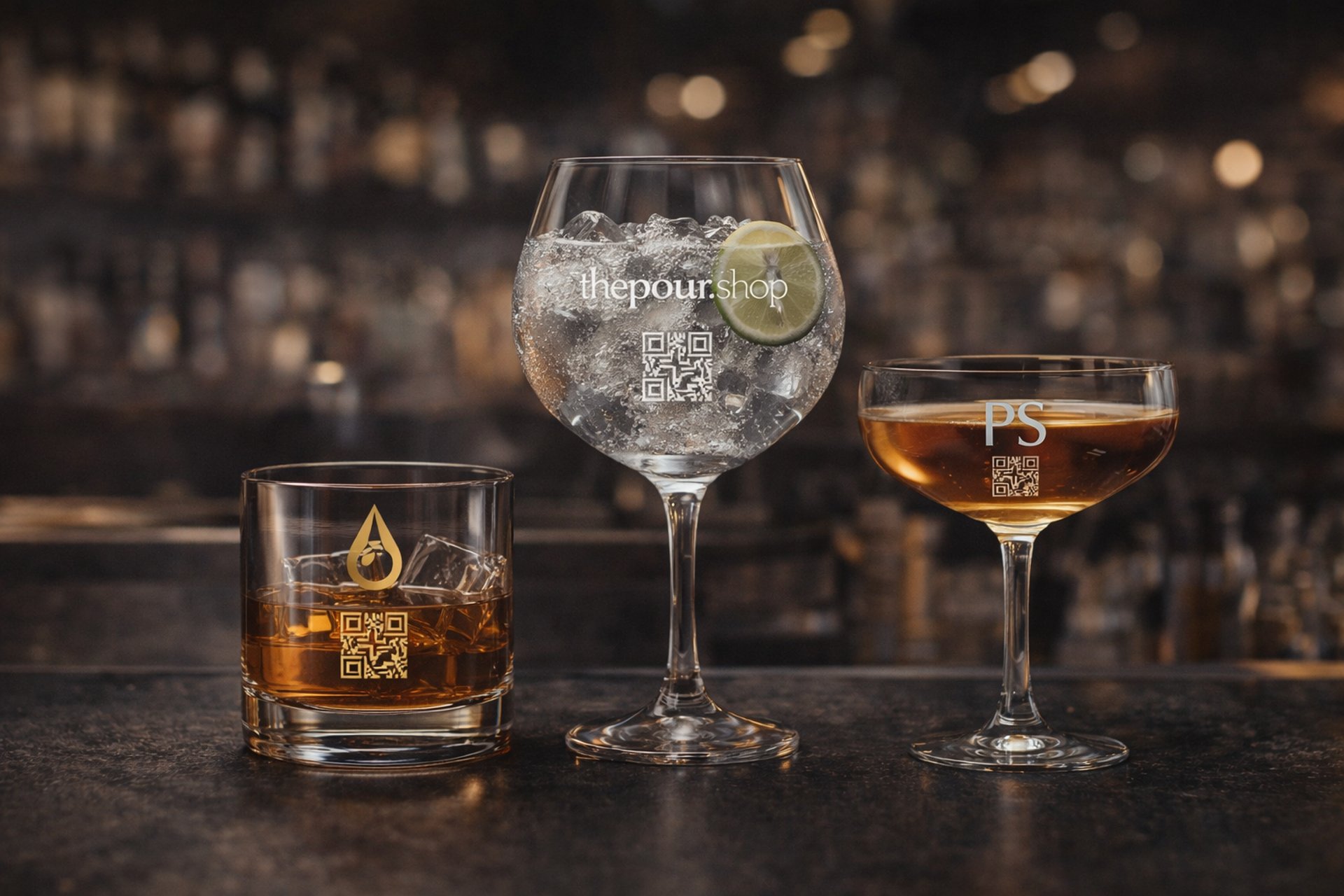 Branded glassware including rocks glass and gin glass displayed at bar