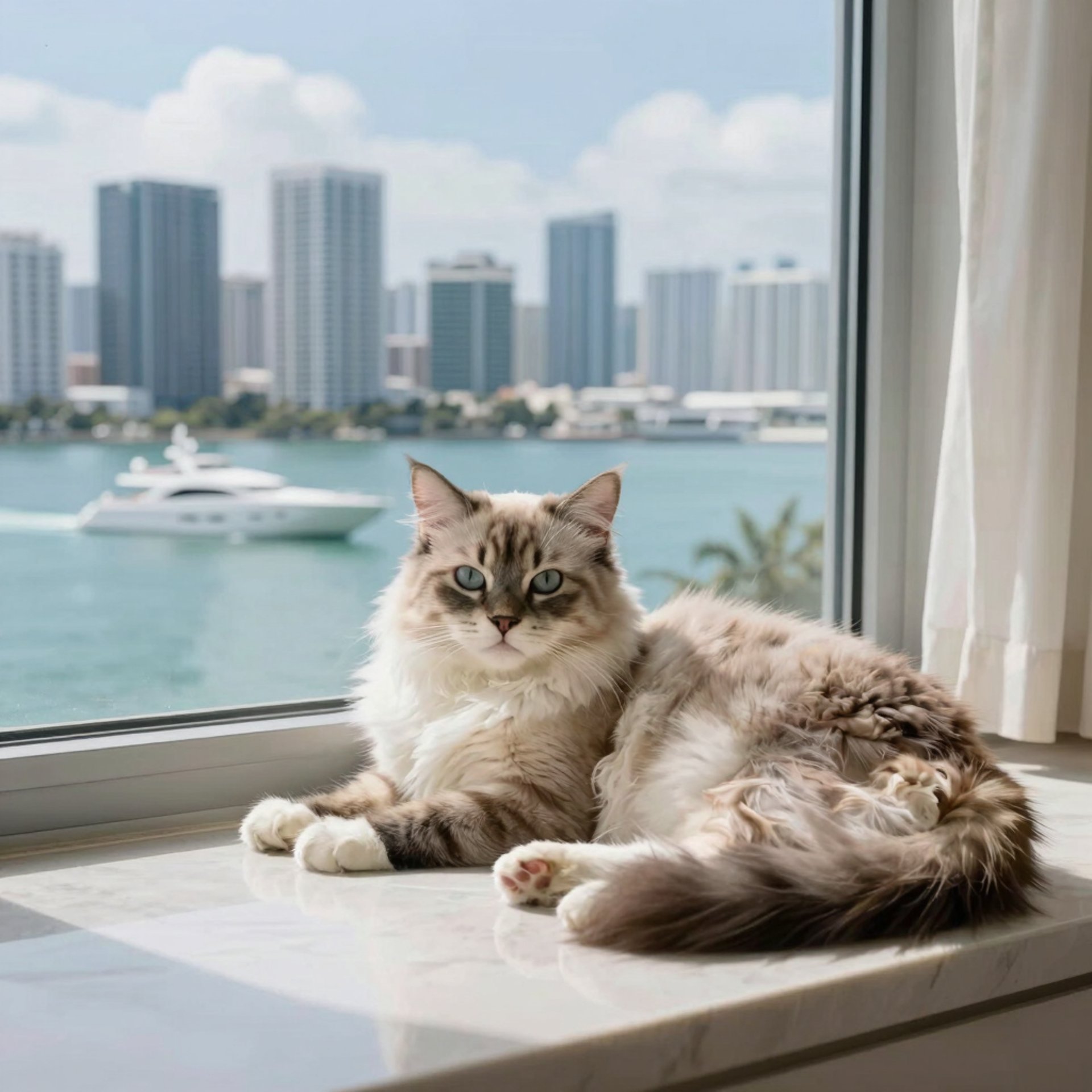 a beautiful cat sits an the sofa and look outside
