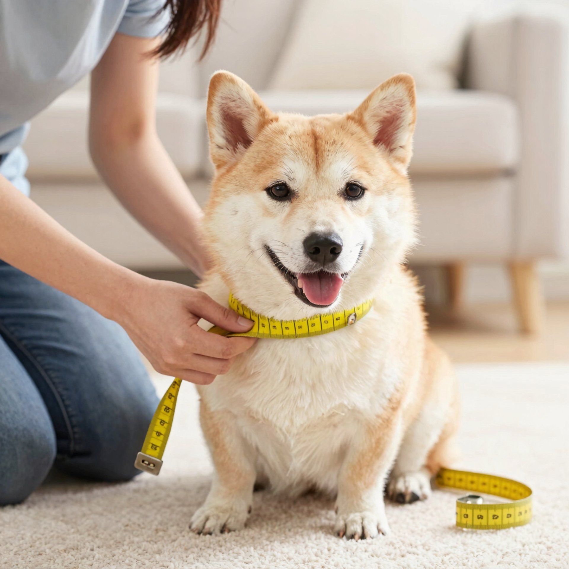 Persona tomándole medidas a un perrito.