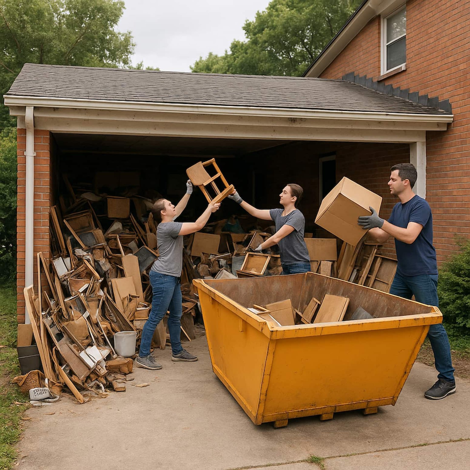 people loading a mini skip hire service in the yarra ranges or yarra valley area