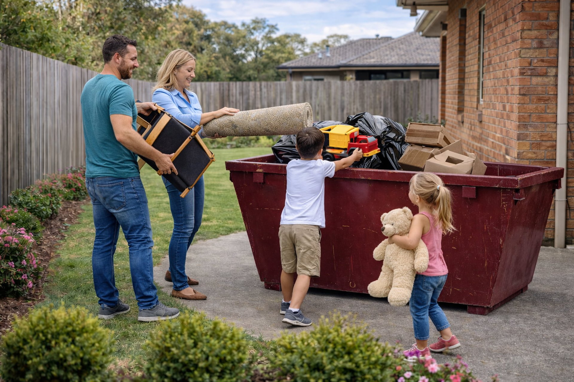 maroon skip bins stacked in piles with Monbulk Skip Hire delivery truck park with trees at the back