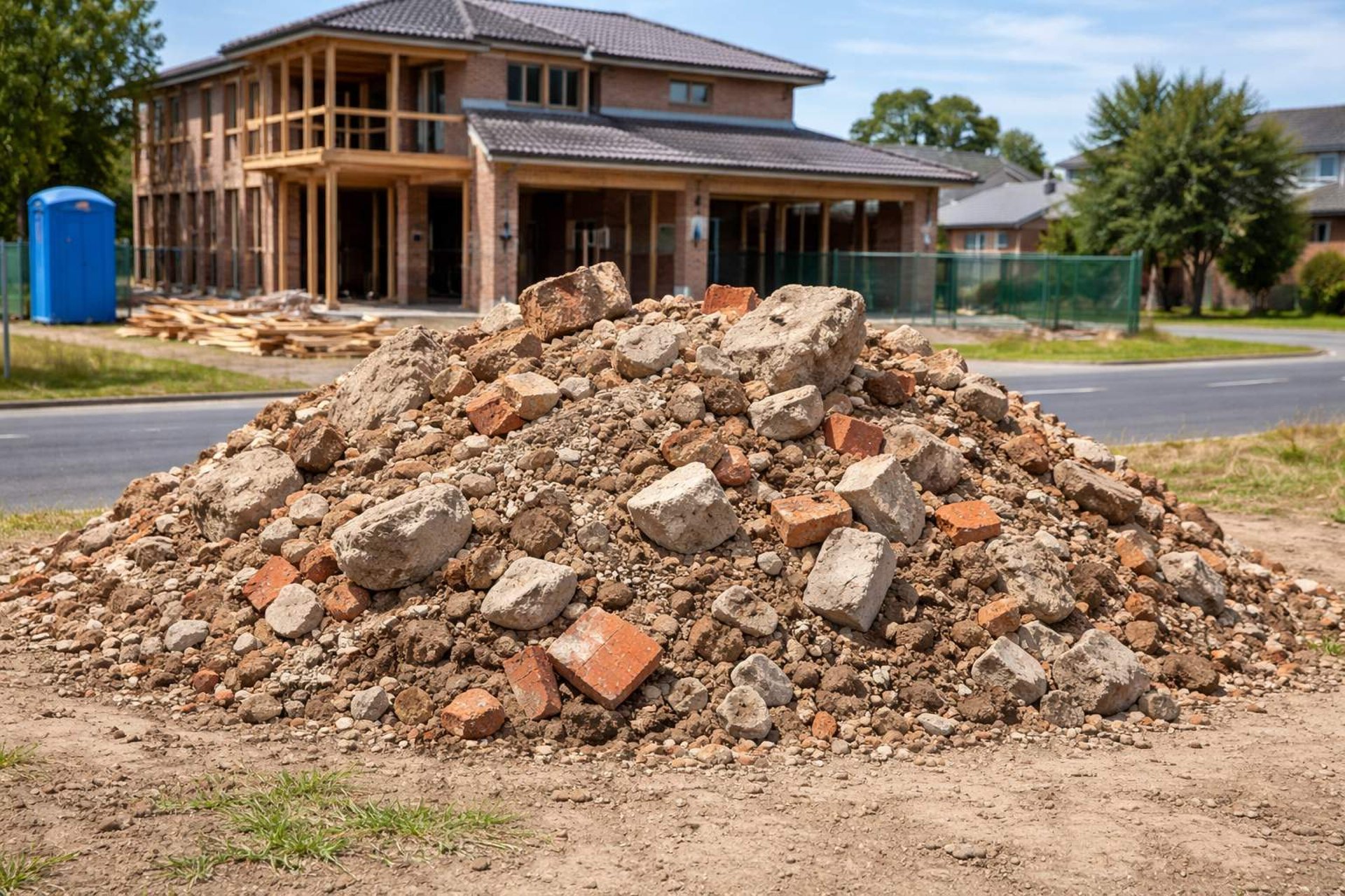 pile of dirt, bricks, concrete, rocks on a block of land in a suburban street with a house being built in the background