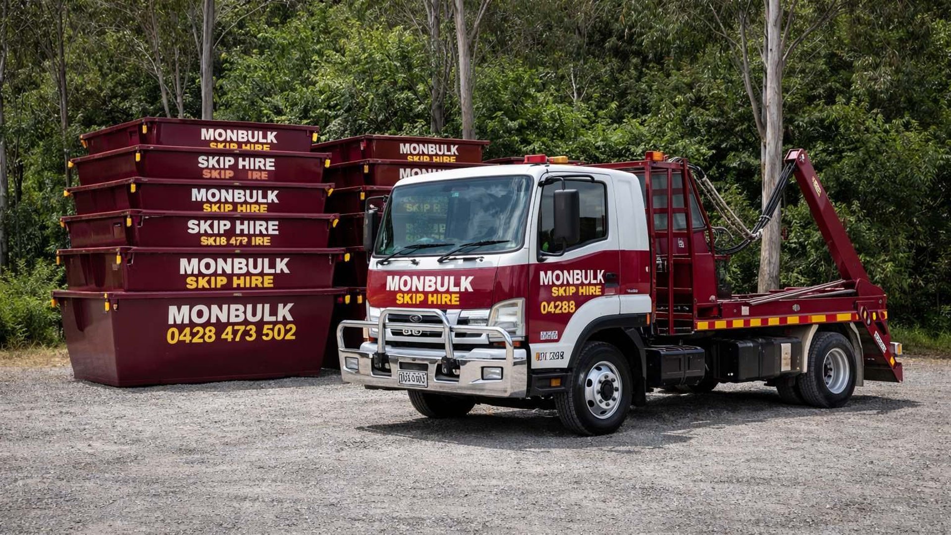 maroon skip bins stacked in piles with Monbulk Skip Hire delivery truck park with trees at the back