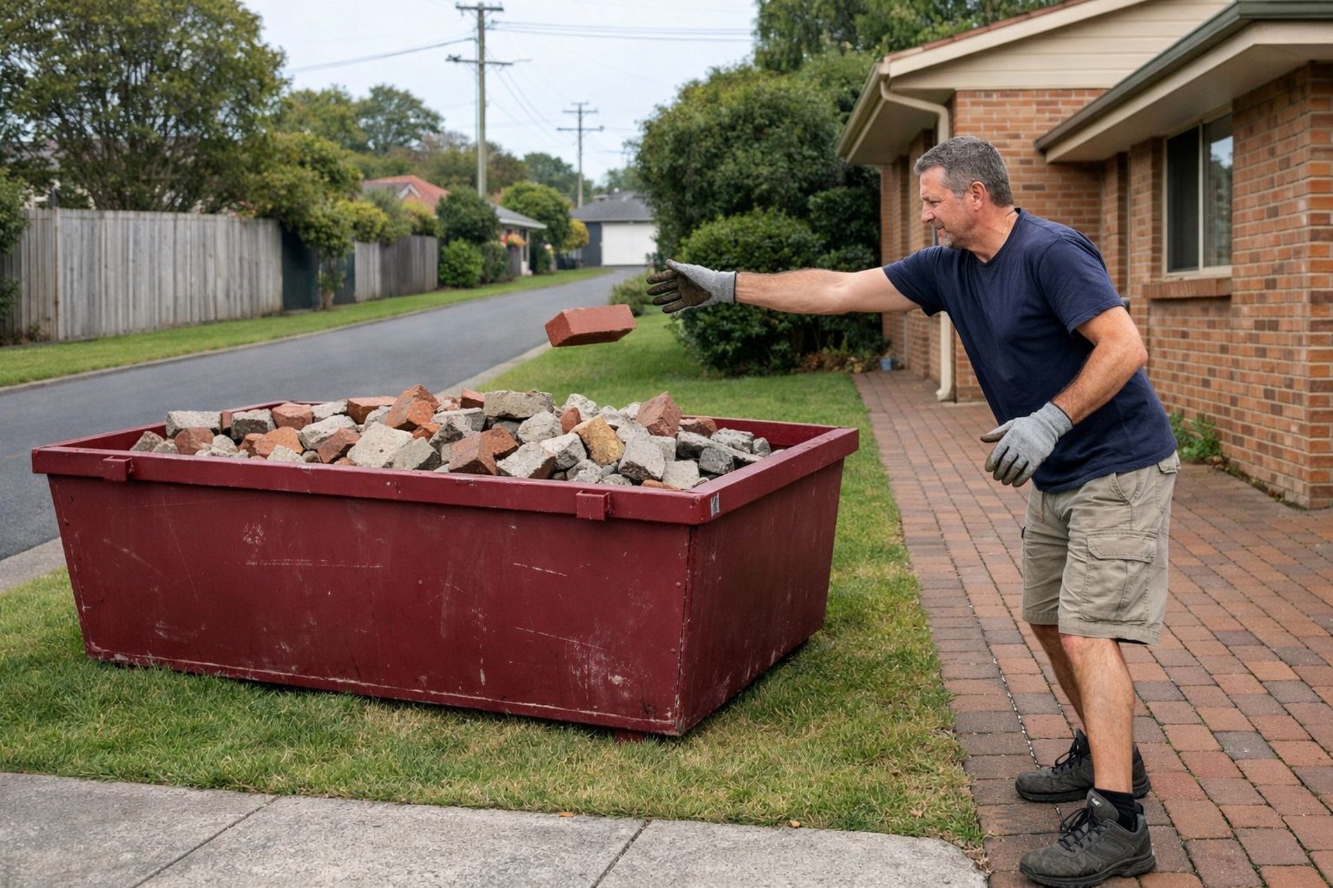 man in a suburban house block throwing bricks into a maroon skip bin