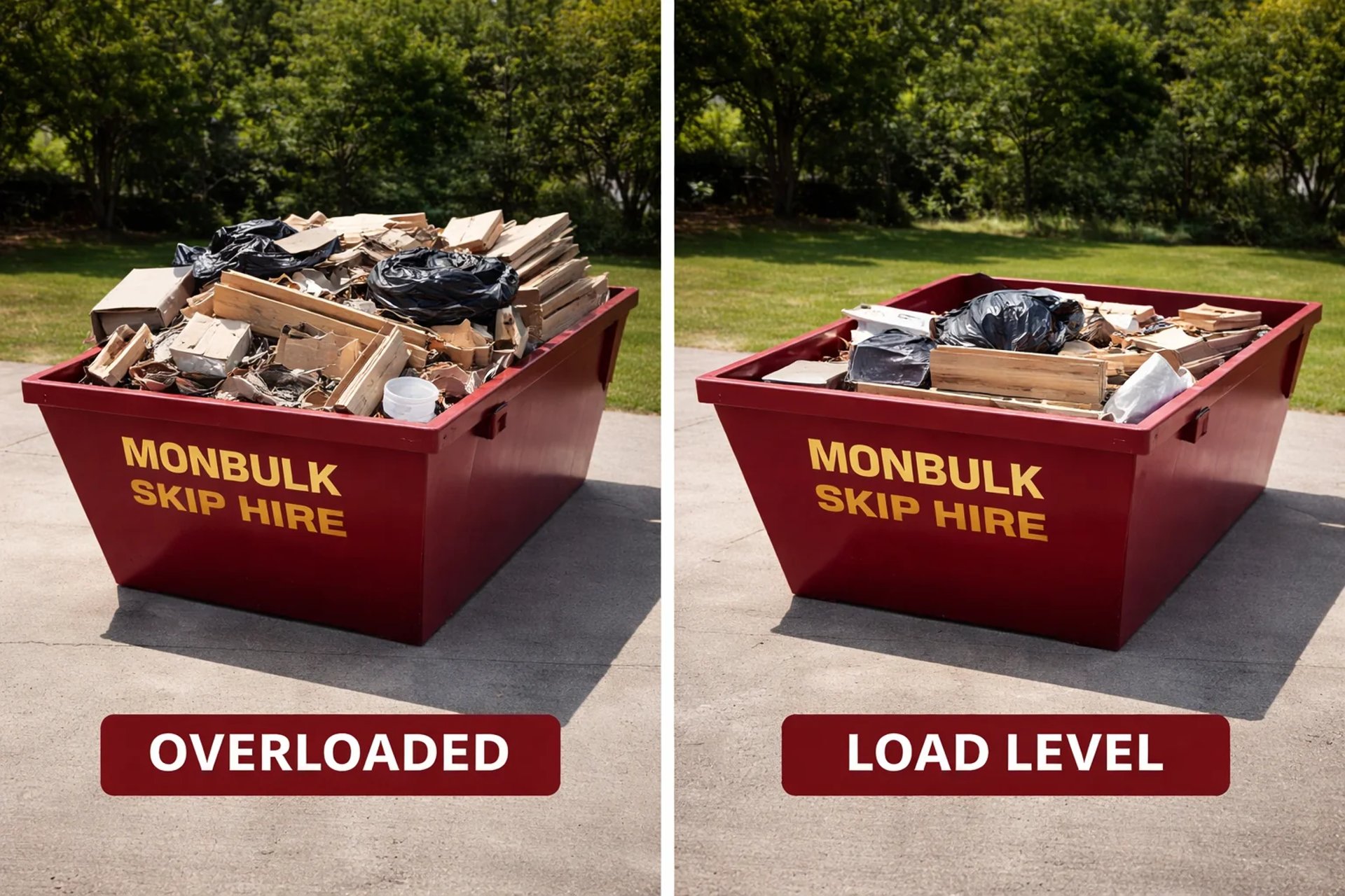 monbulk skip hire of two skips showing the difference between overloaded skip and a correctly loaded skip for legal trensit