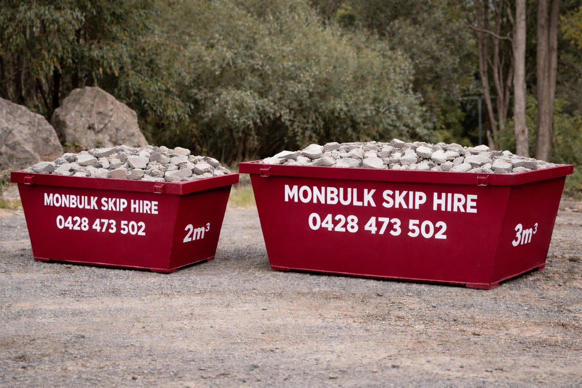 yellow skip bin on the road with an excavator loading it with concrete at a suburban house