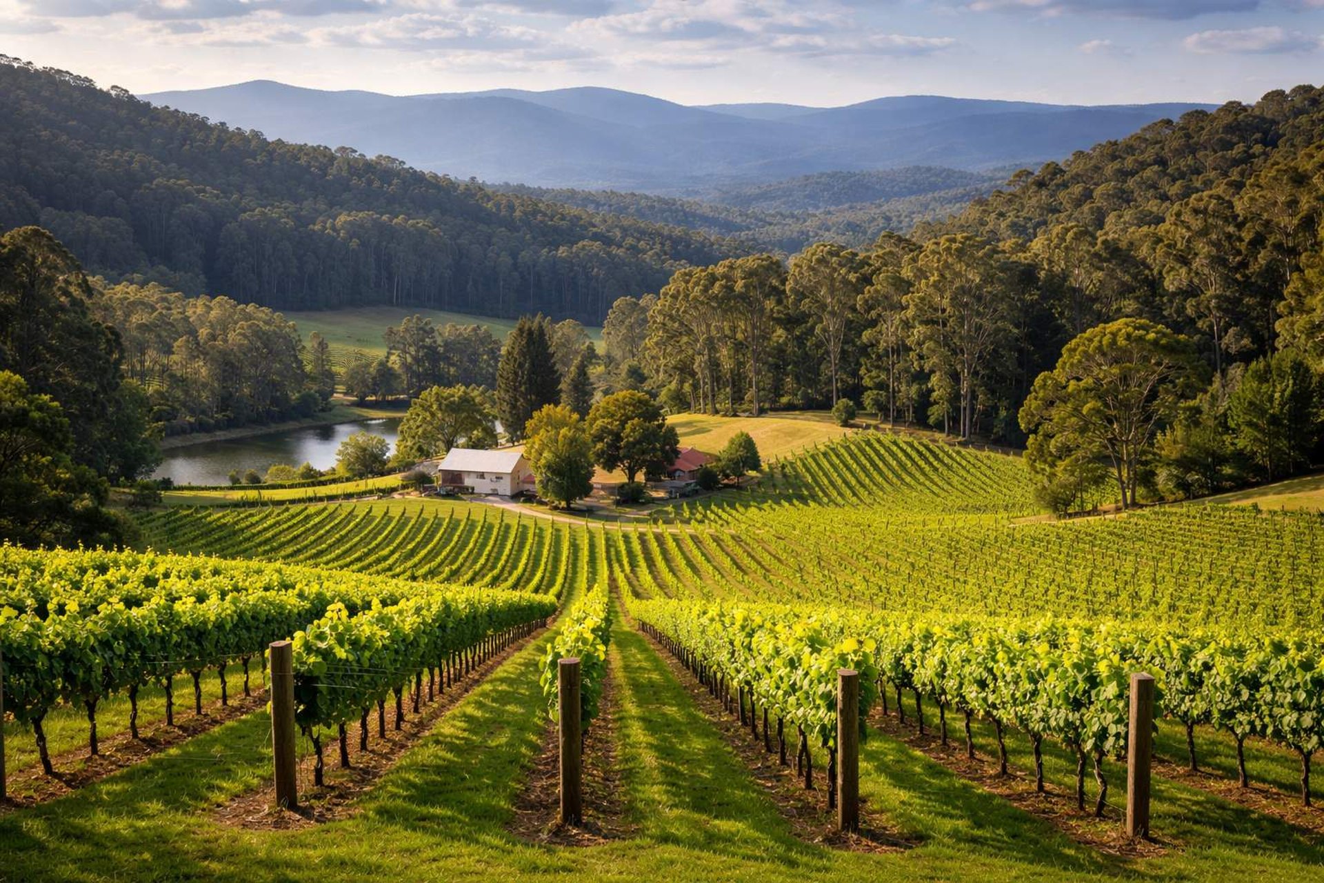 Image of a vineyard in the Yarra Ranges overlooking the Yarra Valley