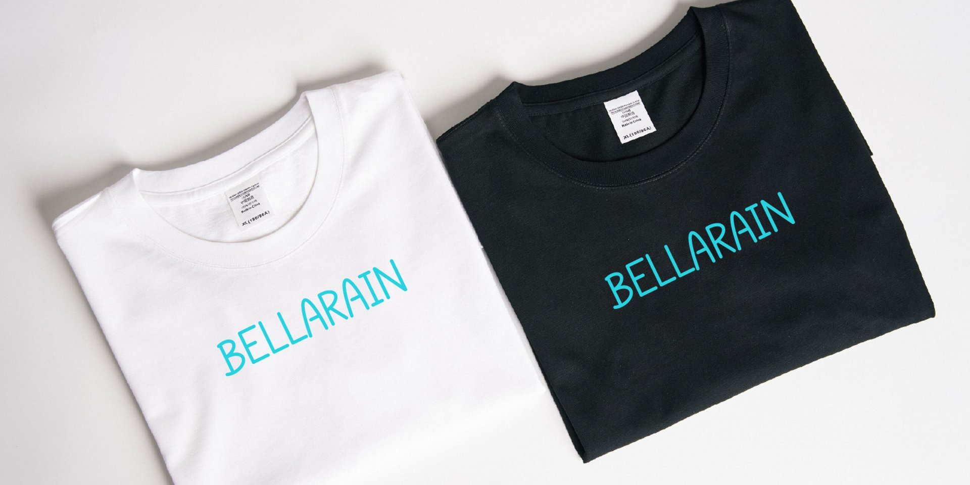 Bellarain handwritten type on a t-shirt.