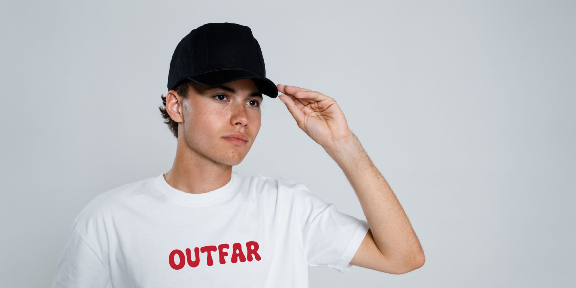 Man wearing an Outfar t-shirt