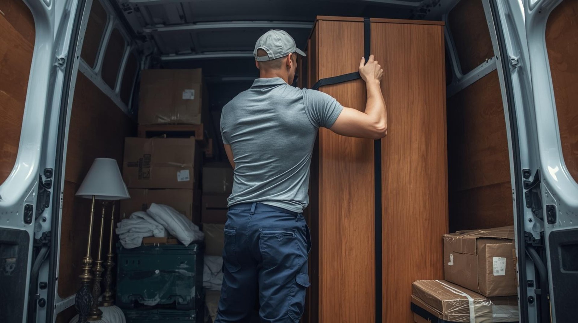 a man securing a wardrobe in a house clearance van