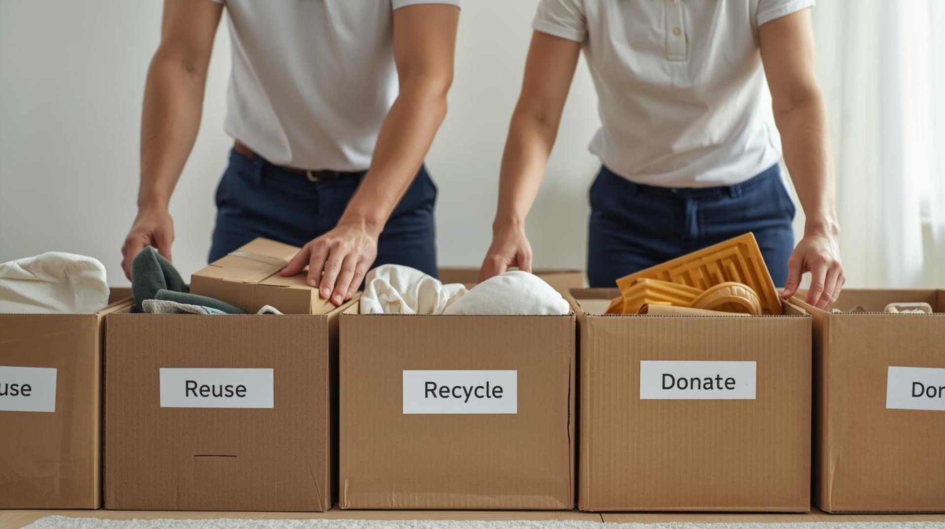 sorting goods into recycling and donation boxes
