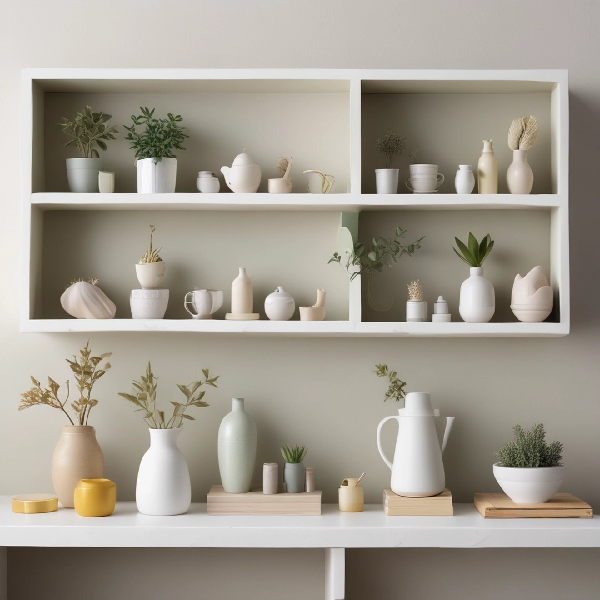 vasellame su scaffale bianco