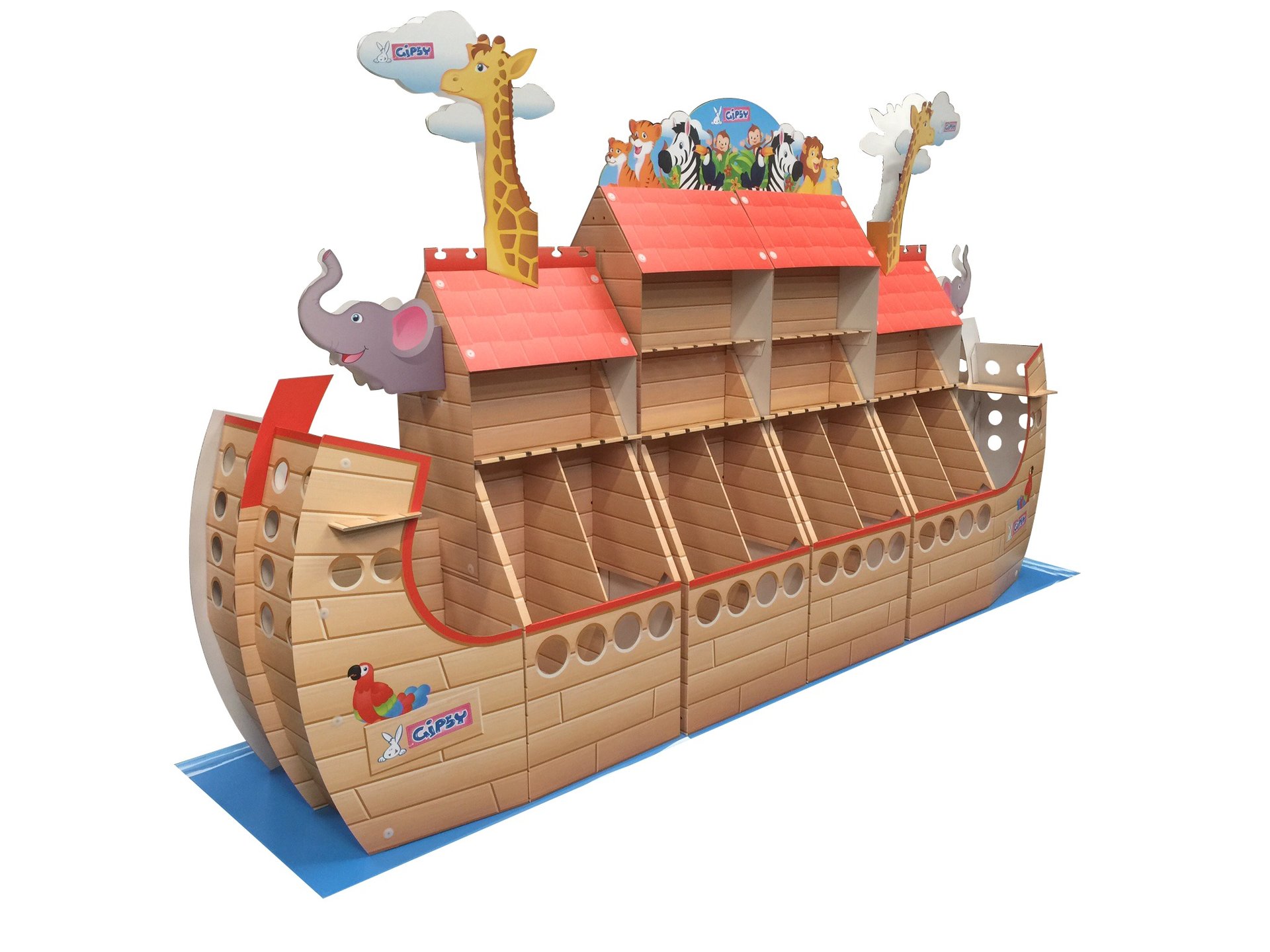 animations PLV en carton pour s peluches représentant une arche ype Noë avec des silhouettes d'animaux au dessu.