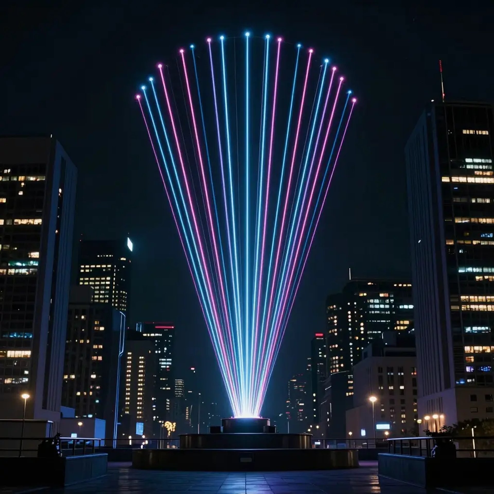 neon light source in the middle of furiristic city view at night .