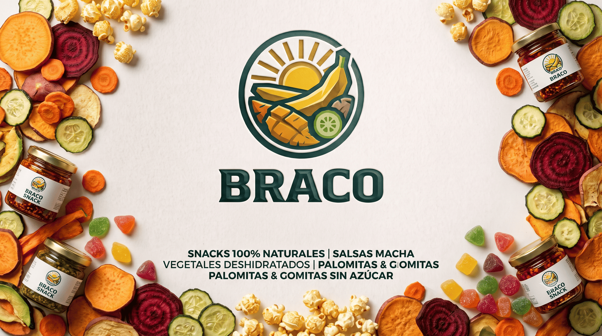 Braco snack saludables salsa macha palomitas gomitas sin azúcar pepino camote betabel