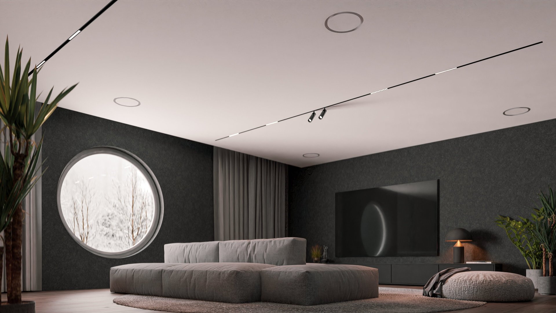 Modern living room with ERGOVENT RONDO round frameless diffuser installed flush in gypsum ceiling